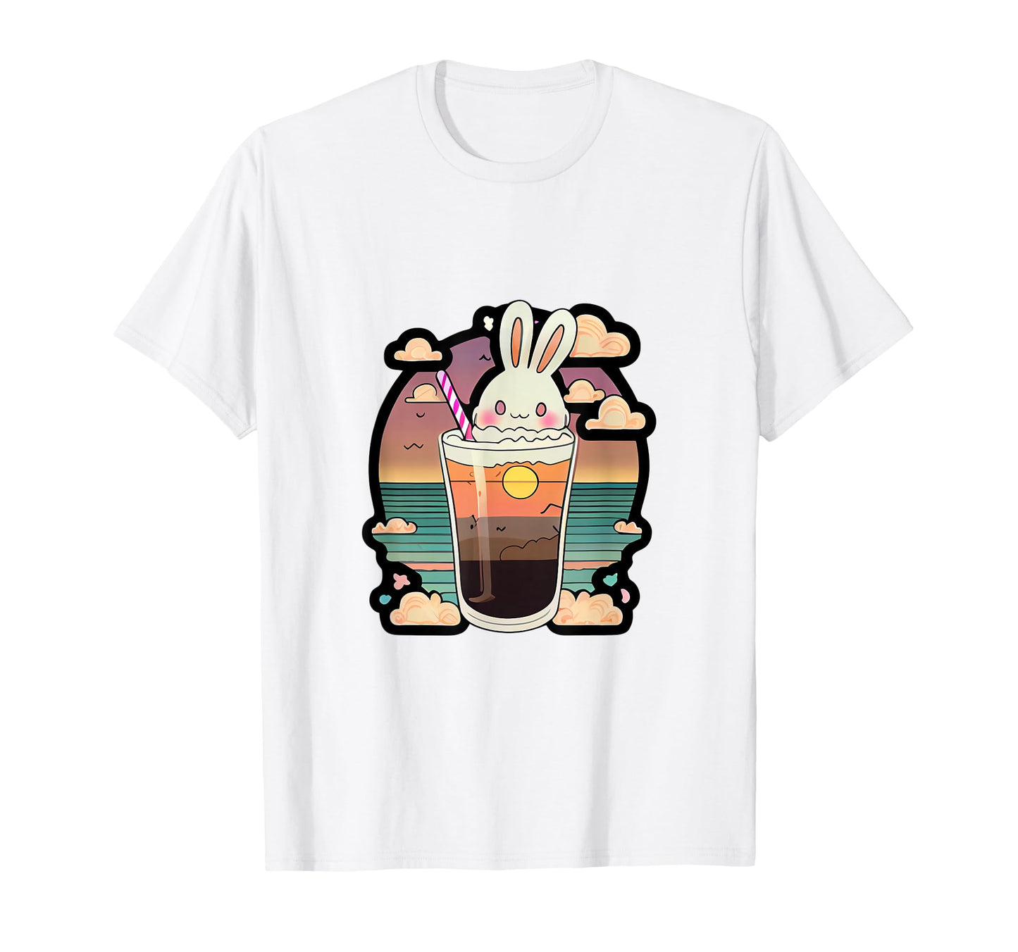 Kawaii Bunny Sunset Drink Aesthetic T-Shirt - Trendy Graphic for Adults - T-Shirt, Sweatshirt, Hoodie