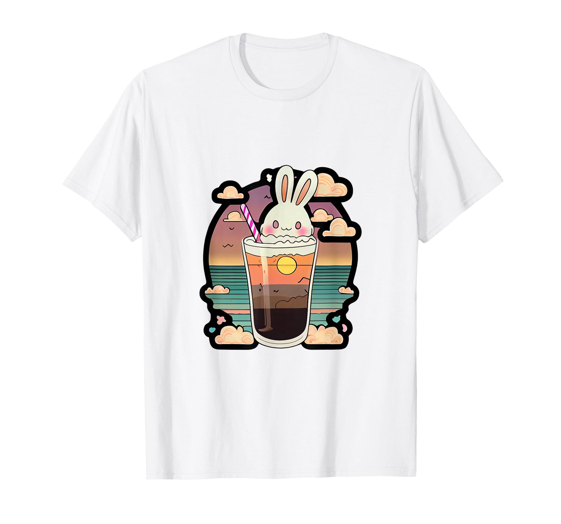 Kawaii Bunny Sunset Drink Aesthetic T-Shirt - Trendy Graphic for Adults - T-Shirt, Sweatshirt, Hoodie