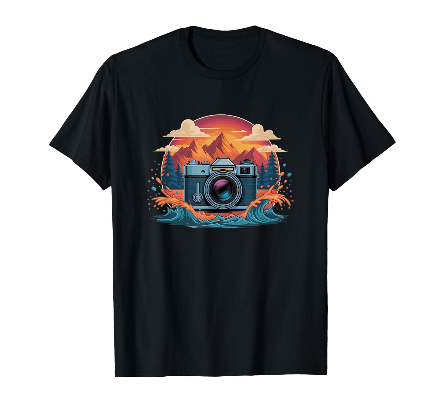 Camera Mountain Sunset Waves T-Shirt - Minimalist Print for Adults - T-Shirt, Sweatshirt, Hoodie