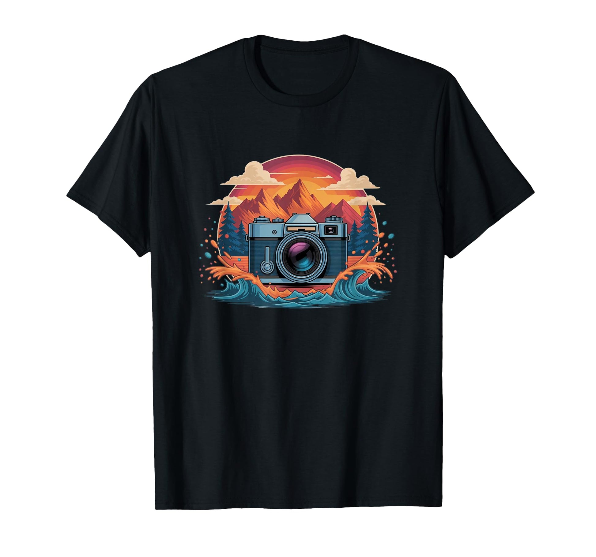 Camera Mountain Sunset Waves T-Shirt - Minimalist Print for Adults - T-Shirt, Sweatshirt, Hoodie