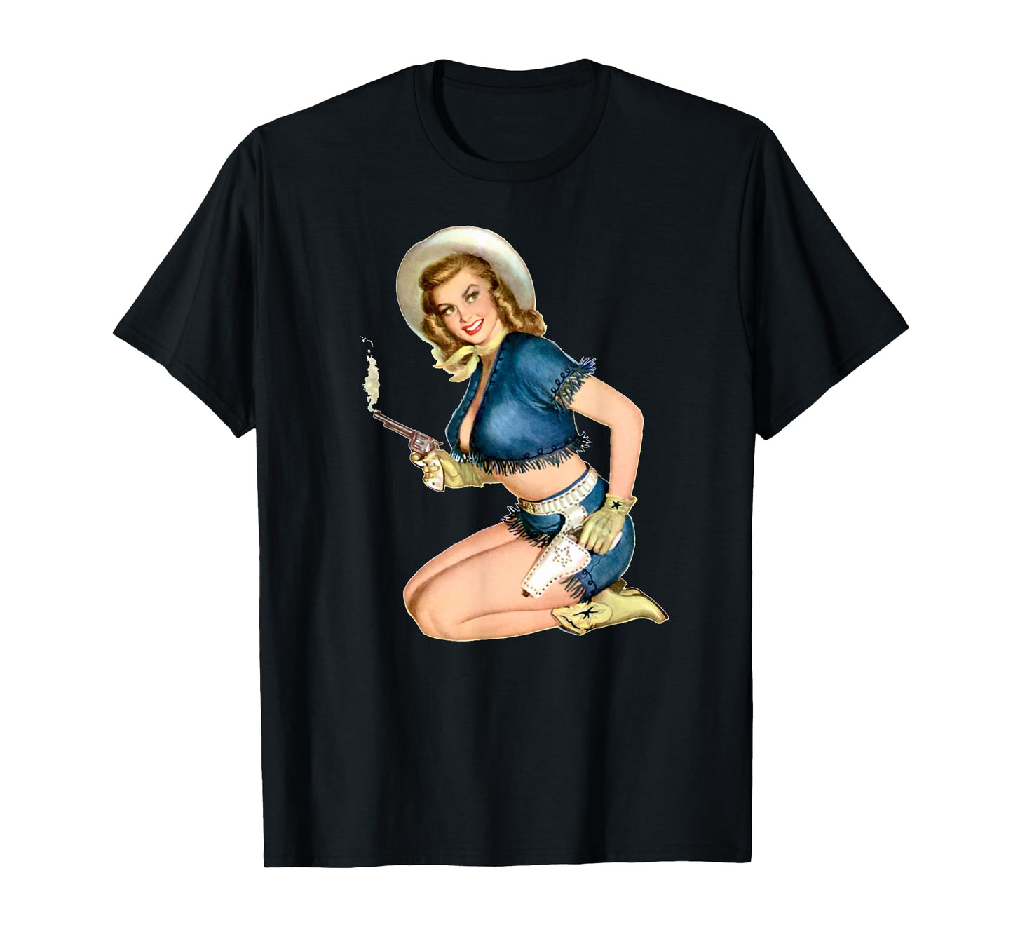 Blonde Pin Up Cowgirl Hat 40S 50S Pin Up T-Shirt - Custom Art Print Unisex - T-Shirt, Sweatshirt, Hoodie
