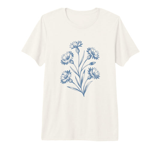 Blue Cornflower Floral Bakeware Motif T-Shirt - Graphic Print for Adults - T-Shirt, Sweatshirt, Hoodie