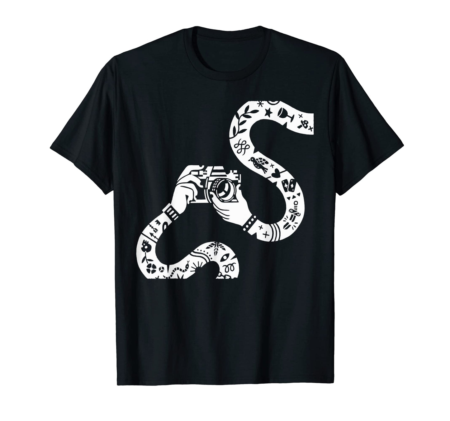 Tattooed Arms Holding Camera T-Shirt - Novelty Apparel for Adults - T-Shirt, Sweatshirt, Hoodie