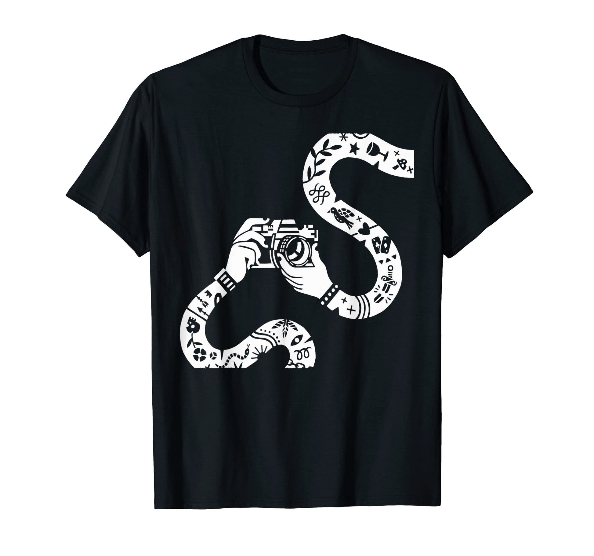 Tattooed Arms Holding Camera T-Shirt - Novelty Apparel for Adults - T-Shirt, Sweatshirt, Hoodie