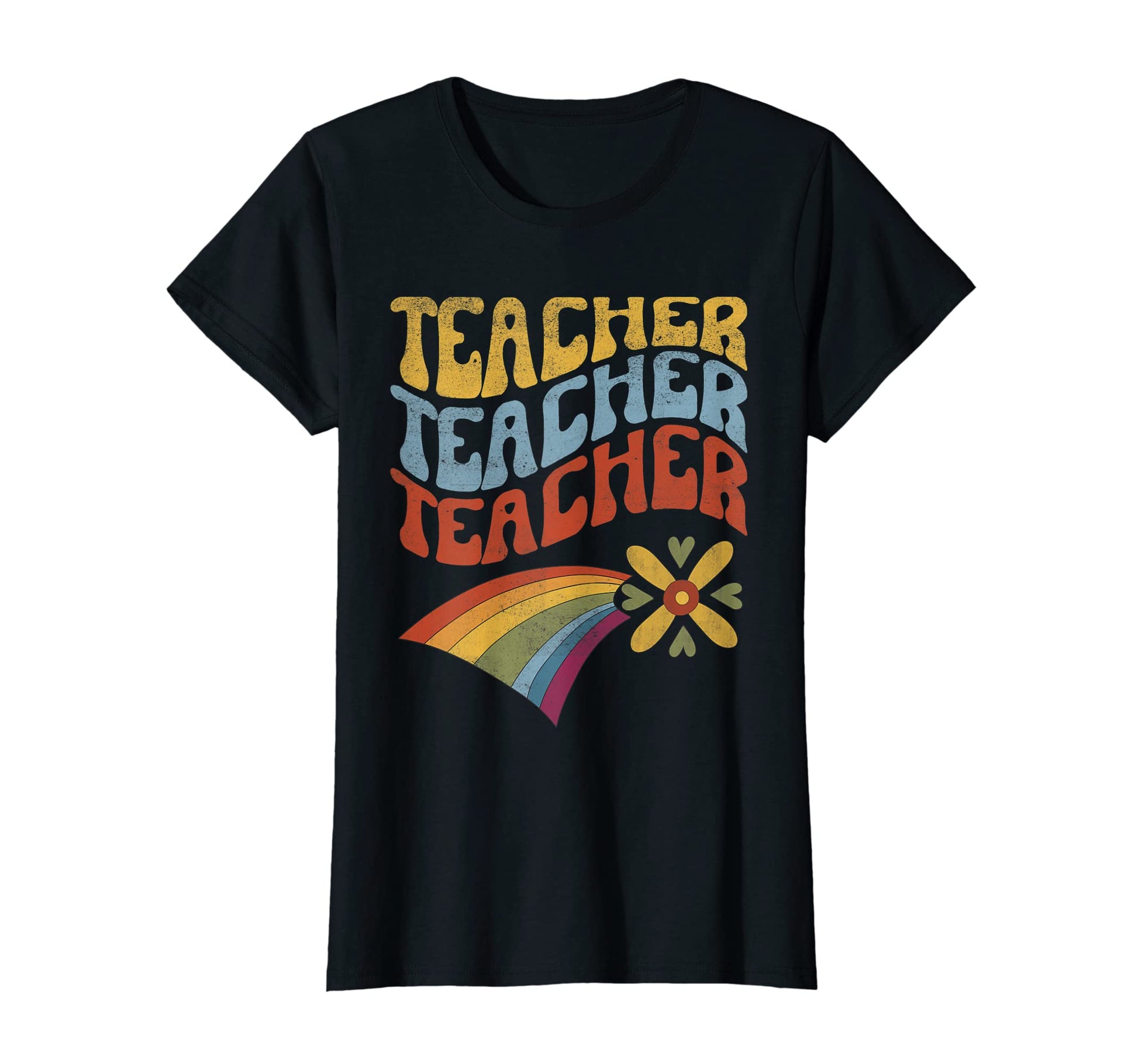 Womens Teacher Rainbow And Hearts 70S T-Shirt - Unique Graphic for Adults - T-Shirt, Sweatshirt, Hoodie