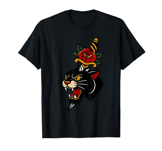 Black Panther Head Tattoo Dagger Rose T-Shirt - Trendy Graphic Men Women - T-Shirt, Sweatshirt, Hoodie