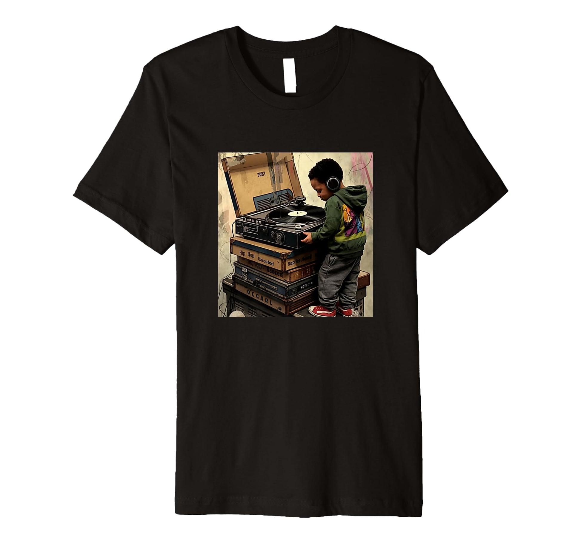 Raised Old School Hip Hop Turntable Dj T-Shirt - Graphic Print for Adults - T-Shirt, Sweatshirt, Hoodie