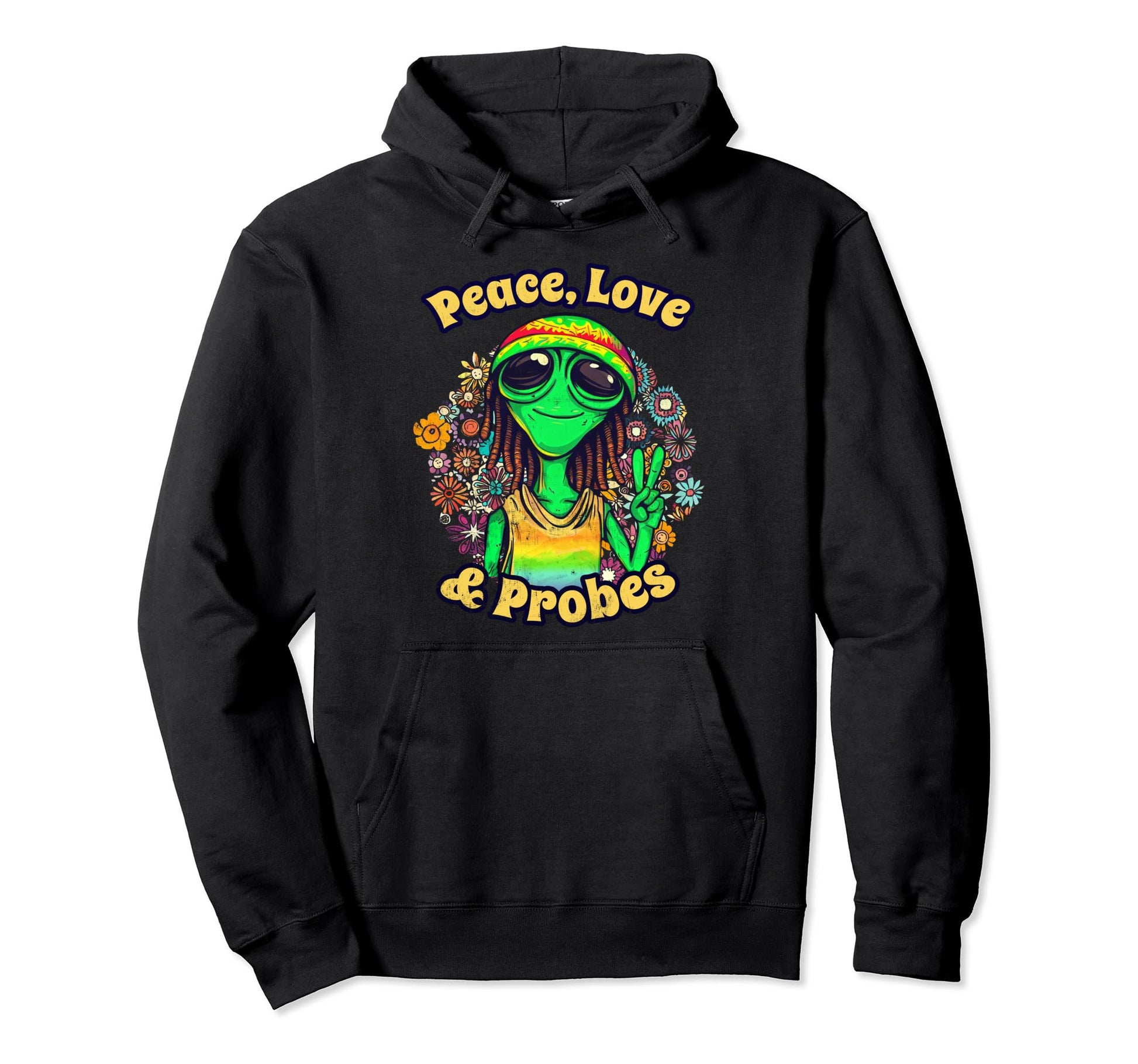 Funny Alien Hippie Ufo Peace Love Hoodie - Graphic Print for Adults - T-Shirt, Sweatshirt, Hoodie