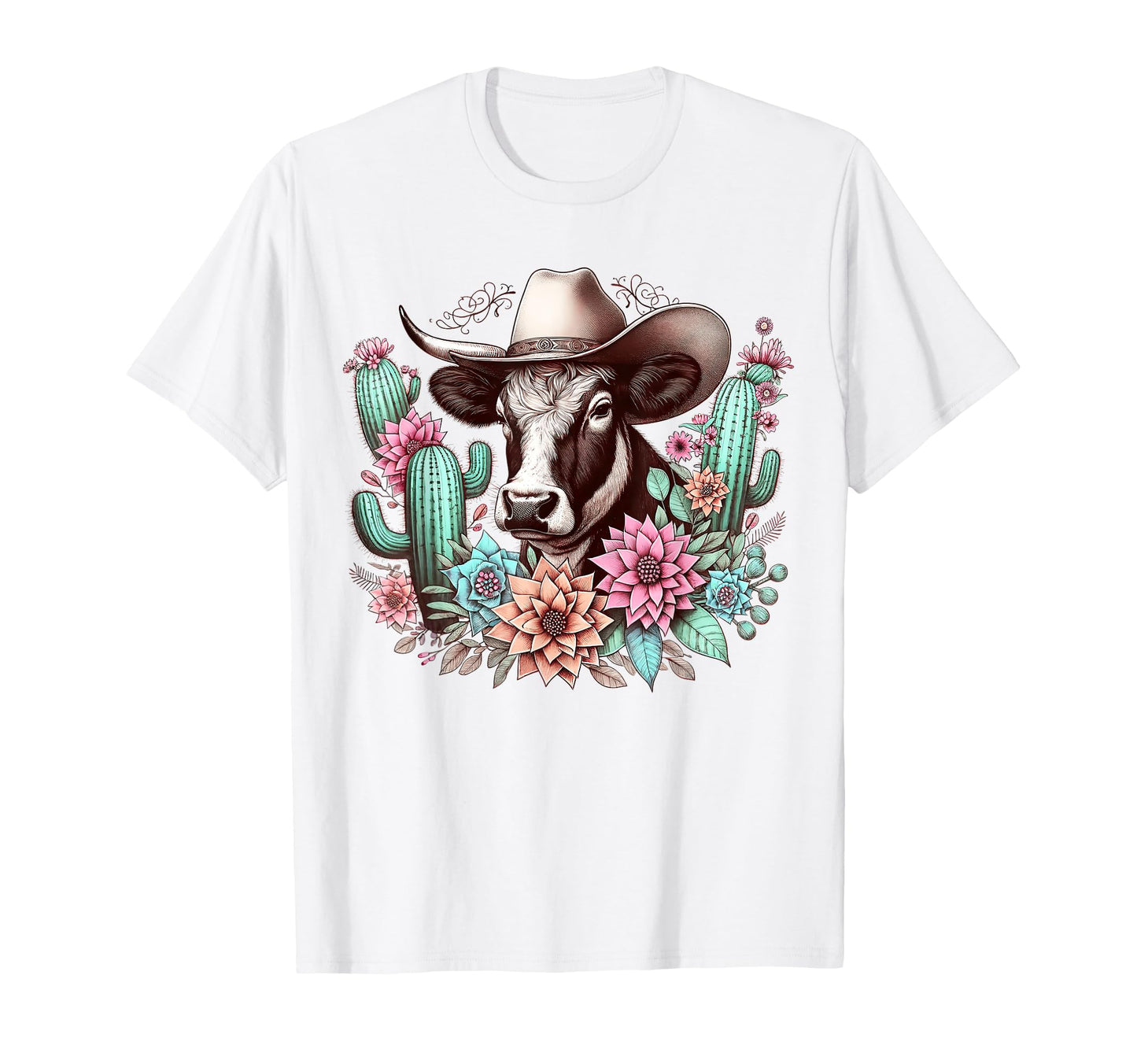 Western Cow Floral Cactus Cowboy Hat T-Shirt - Graphic Print Men Women - T-Shirt, Sweatshirt, Hoodie