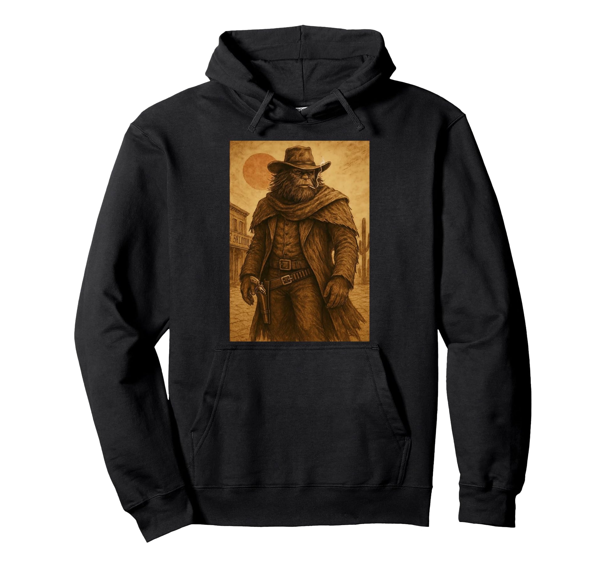 Wild West Bigfoot Art Sasquatch Cowboy Hoodie - Custom Art Print Men Women - T-Shirt, Sweatshirt, Hoodie