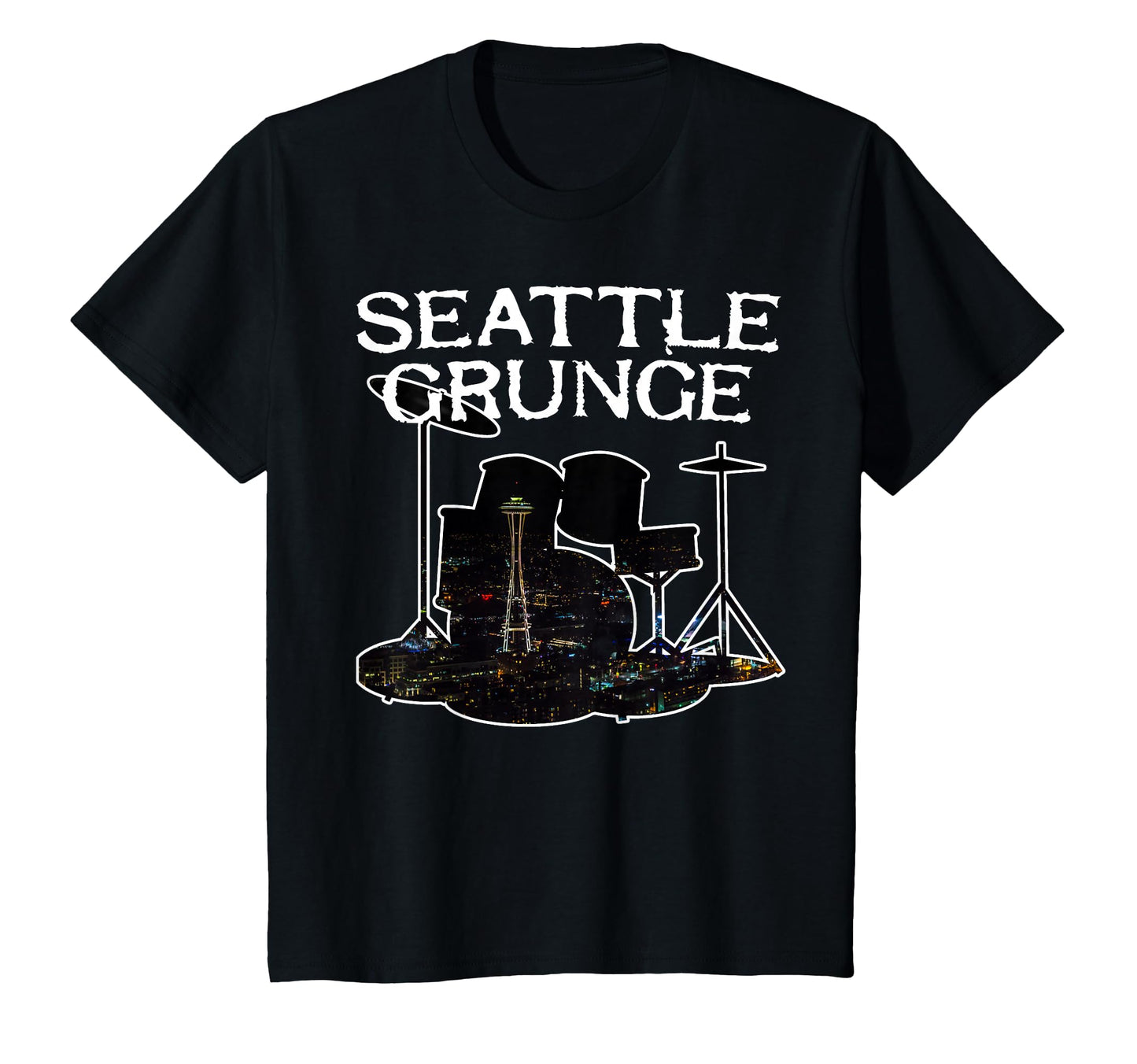 Seattle Grunge Rock Drums Space Needle T-Shirt - Minimalist Print Men Women - T-Shirt, Sweatshirt, Hoodie