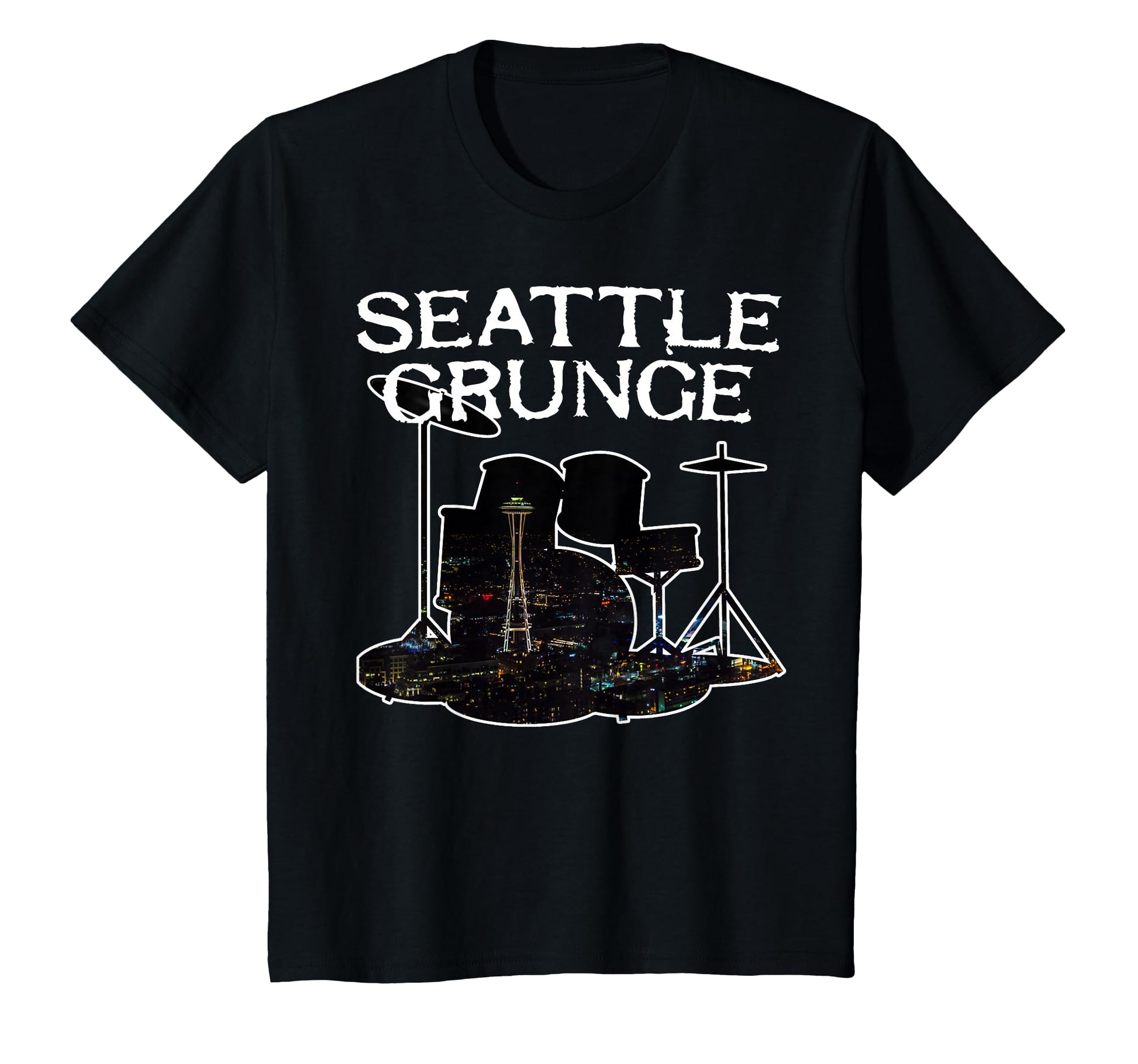 Seattle Grunge Rock Drums Space Needle T-Shirt - Minimalist Print Men Women - T-Shirt, Sweatshirt, Hoodie