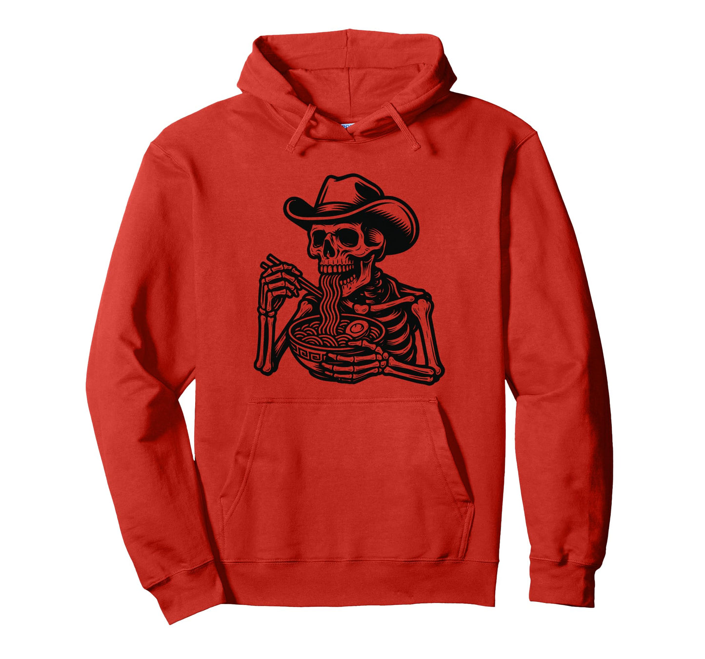 Skeleton Eating Ramen Noodles Cowboy Hat Hoodie - Fun Novelty Design Unisex - T-Shirt, Sweatshirt, Hoodie