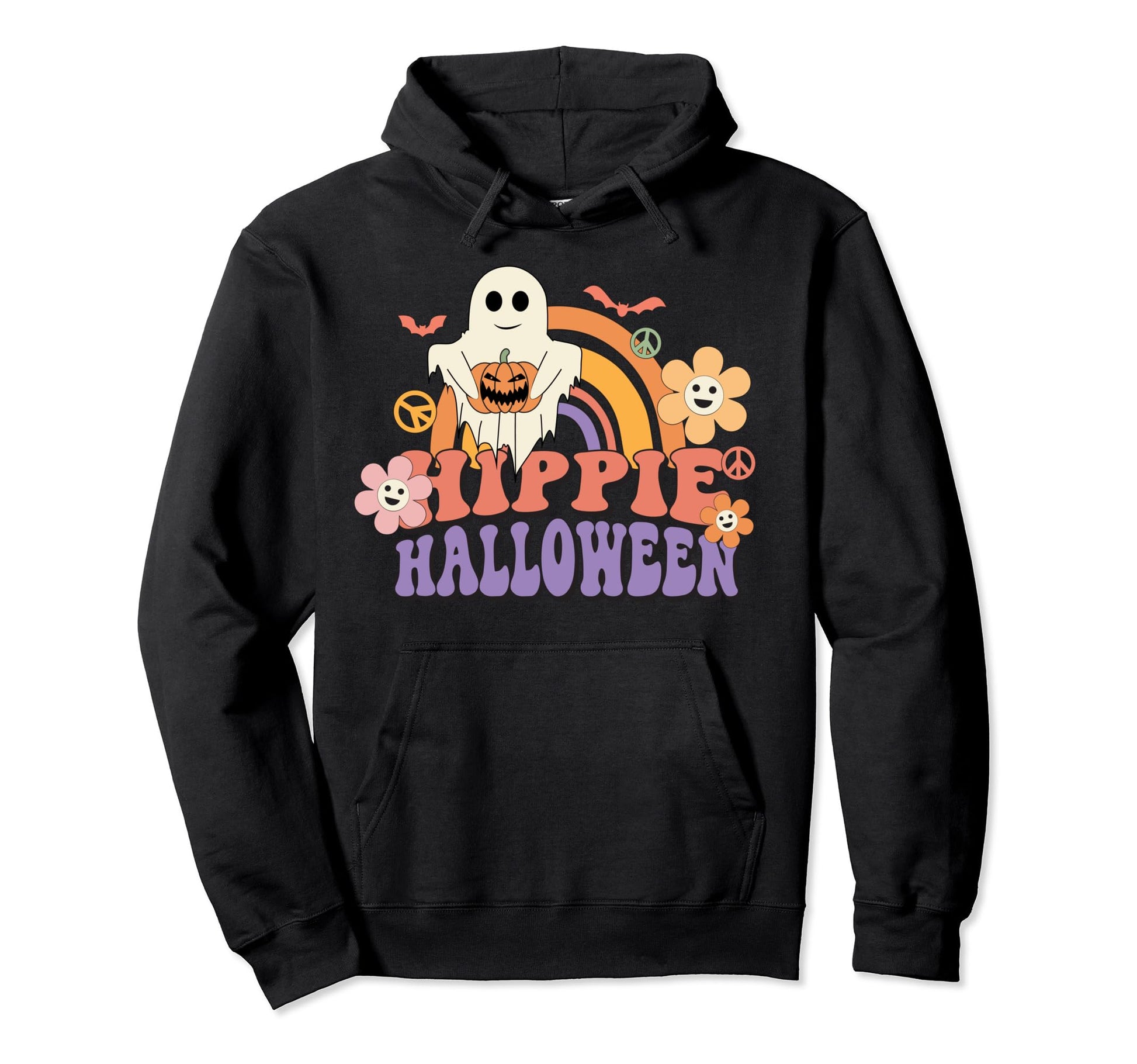 Hippie Rainbow Halloween Ghost Pumpkin Hoodie - Fun Novelty Design Unisex - T-Shirt, Sweatshirt, Hoodie