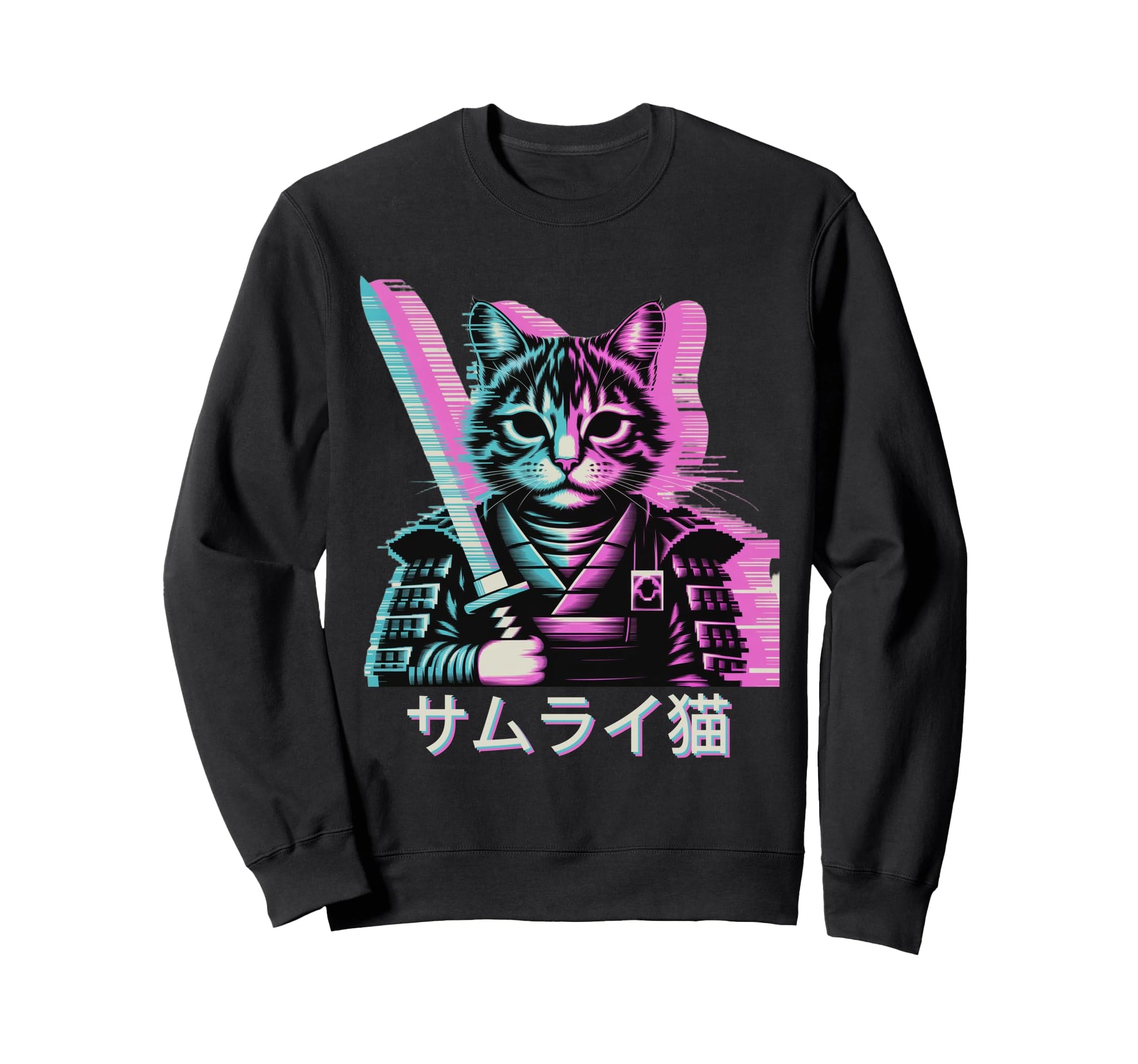 Japanese Vaporwave Samurai Cat Sweatshirt - Custom Art Print for Adults - T-Shirt, Sweatshirt, Hoodie