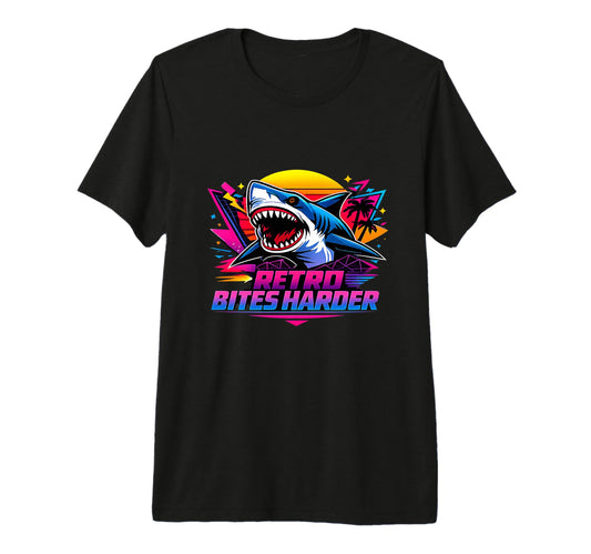 Bites Harder 80S Shark Synthwave Arcade T-Shirt - Aesthetic Graphic Unisex - T-Shirt, Sweatshirt, Hoodie