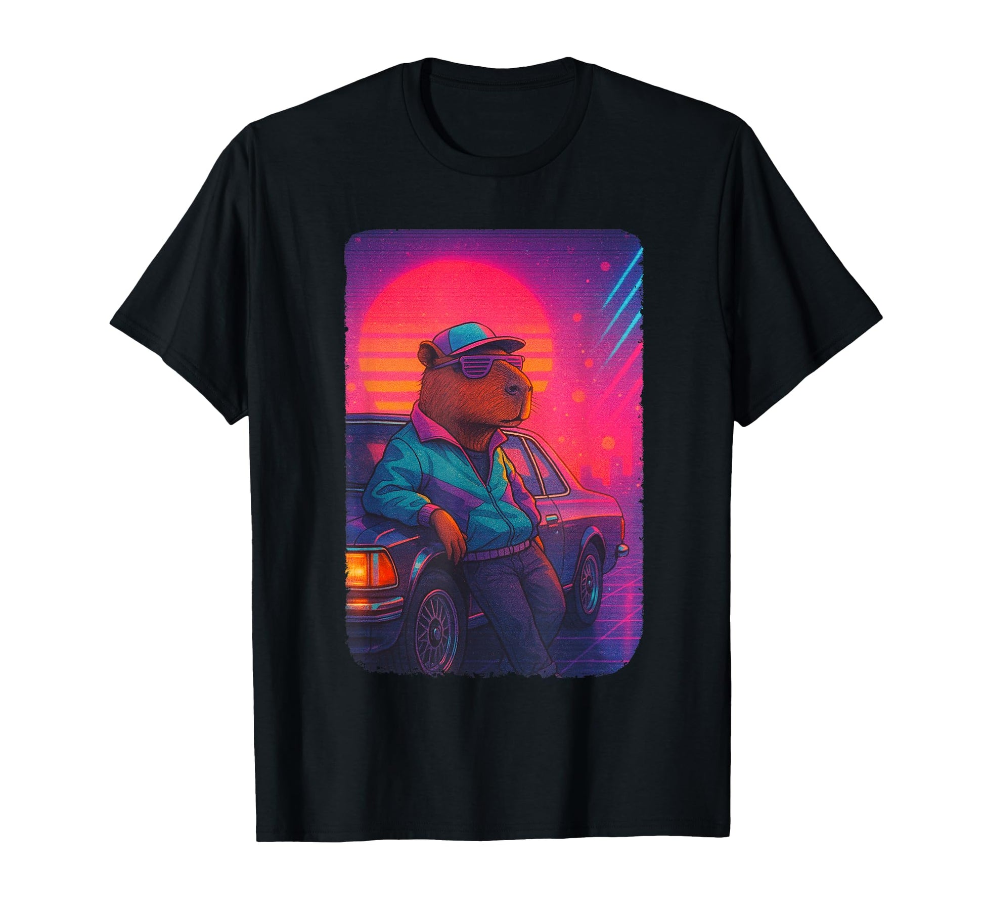 80S Capybara Vaporwave Sunset Aesthetic T-Shirt - Unique Graphic Unisex - T-Shirt, Sweatshirt, Hoodie