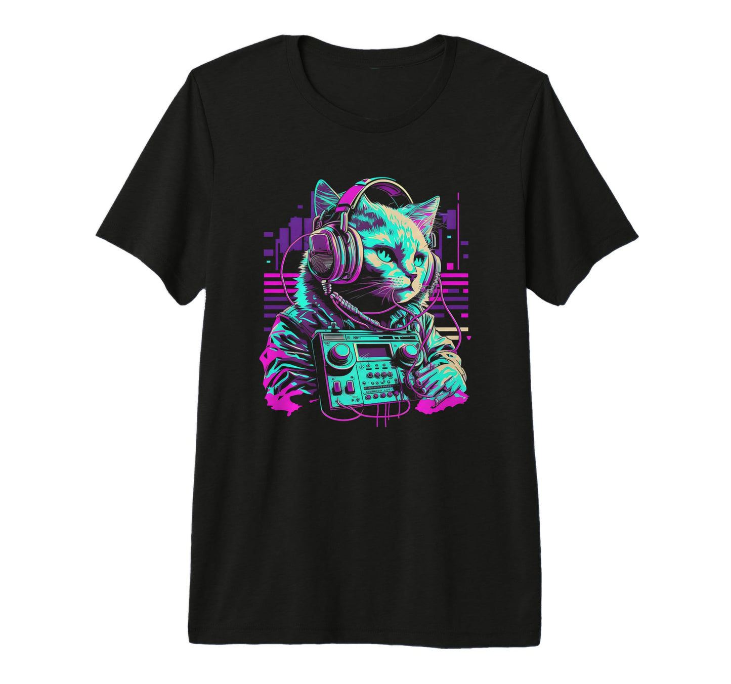 House Dj Cat 80S 90S Kitten Sunset Rainbow T-Shirt - Graphic Print Unisex - T-Shirt, Sweatshirt, Hoodie