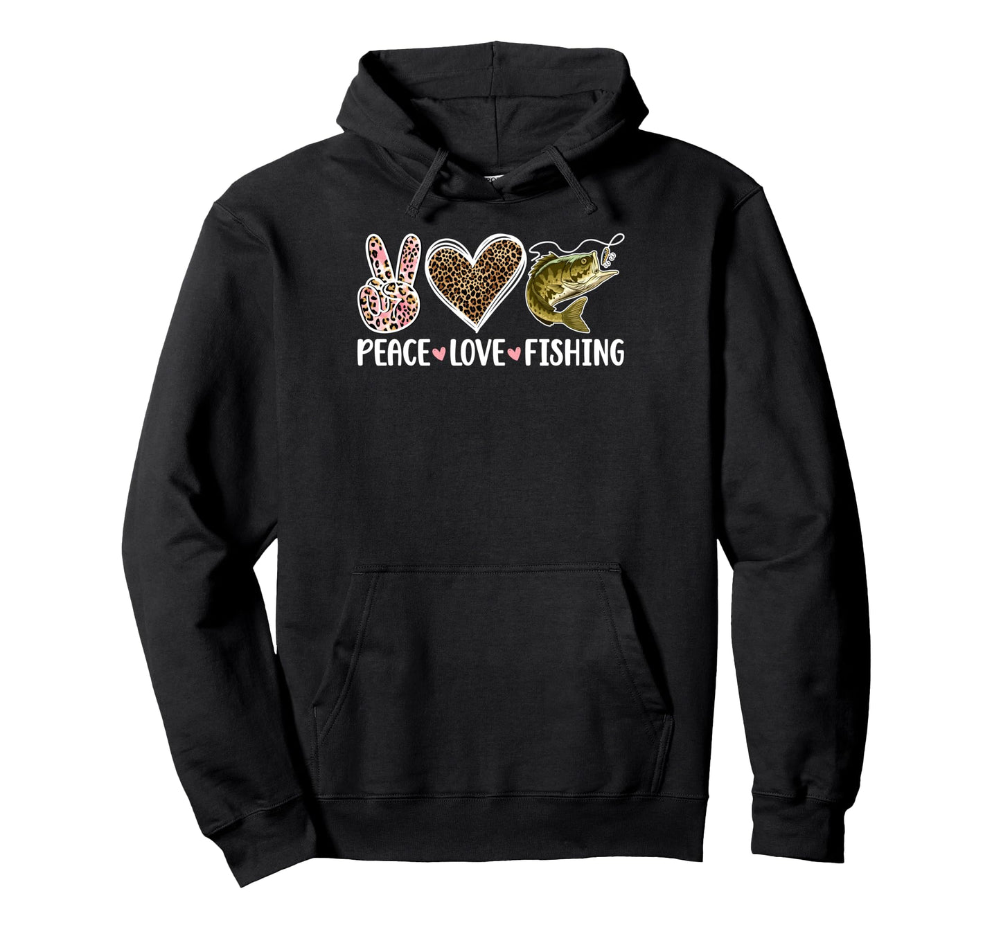 Leopard Peace Love Bass Fishing Hoodie - Aesthetic Graphic Unisex - T-Shirt, Sweatshirt, Hoodie