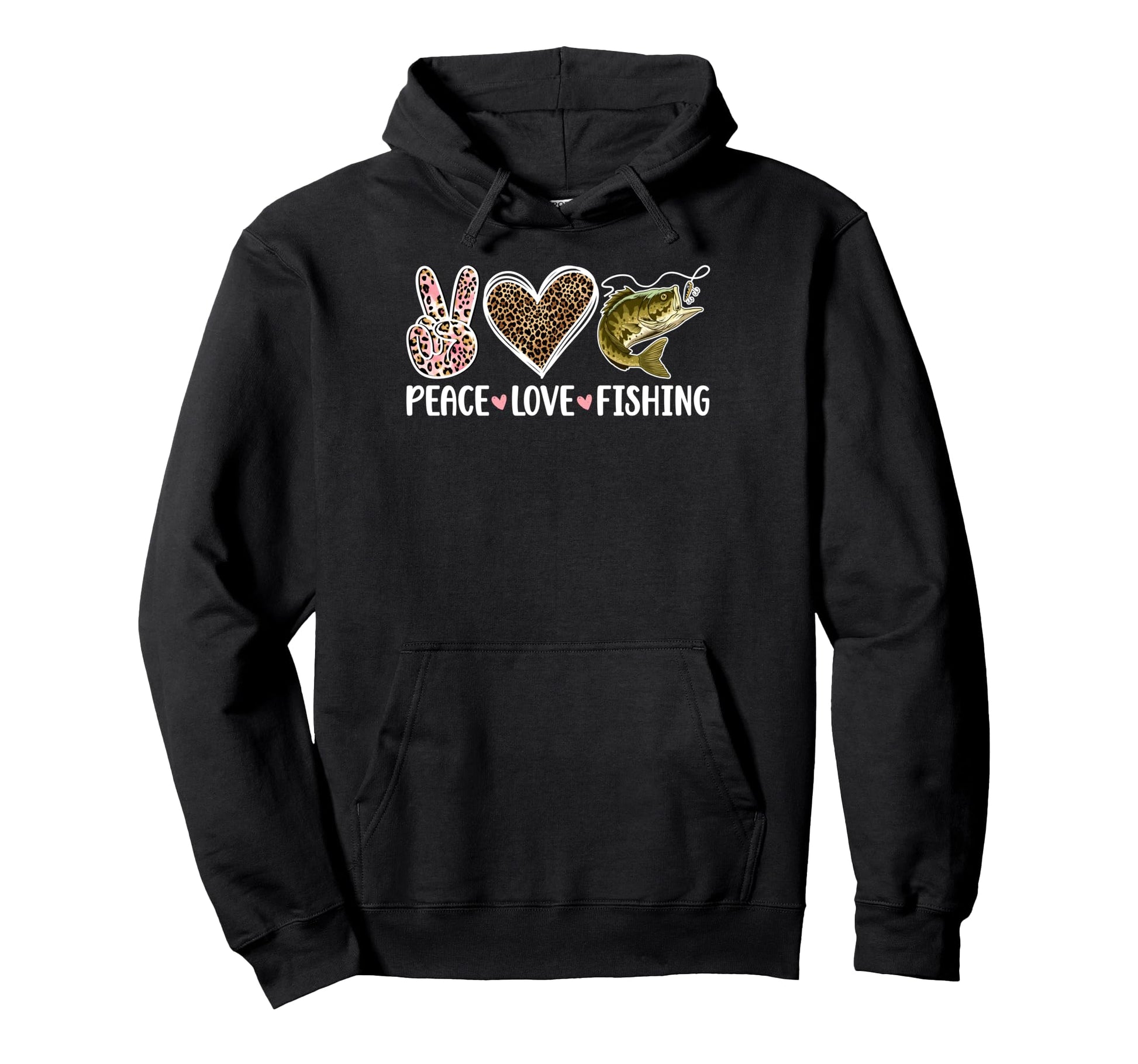 Leopard Peace Love Bass Fishing Hoodie - Aesthetic Graphic Unisex - T-Shirt, Sweatshirt, Hoodie
