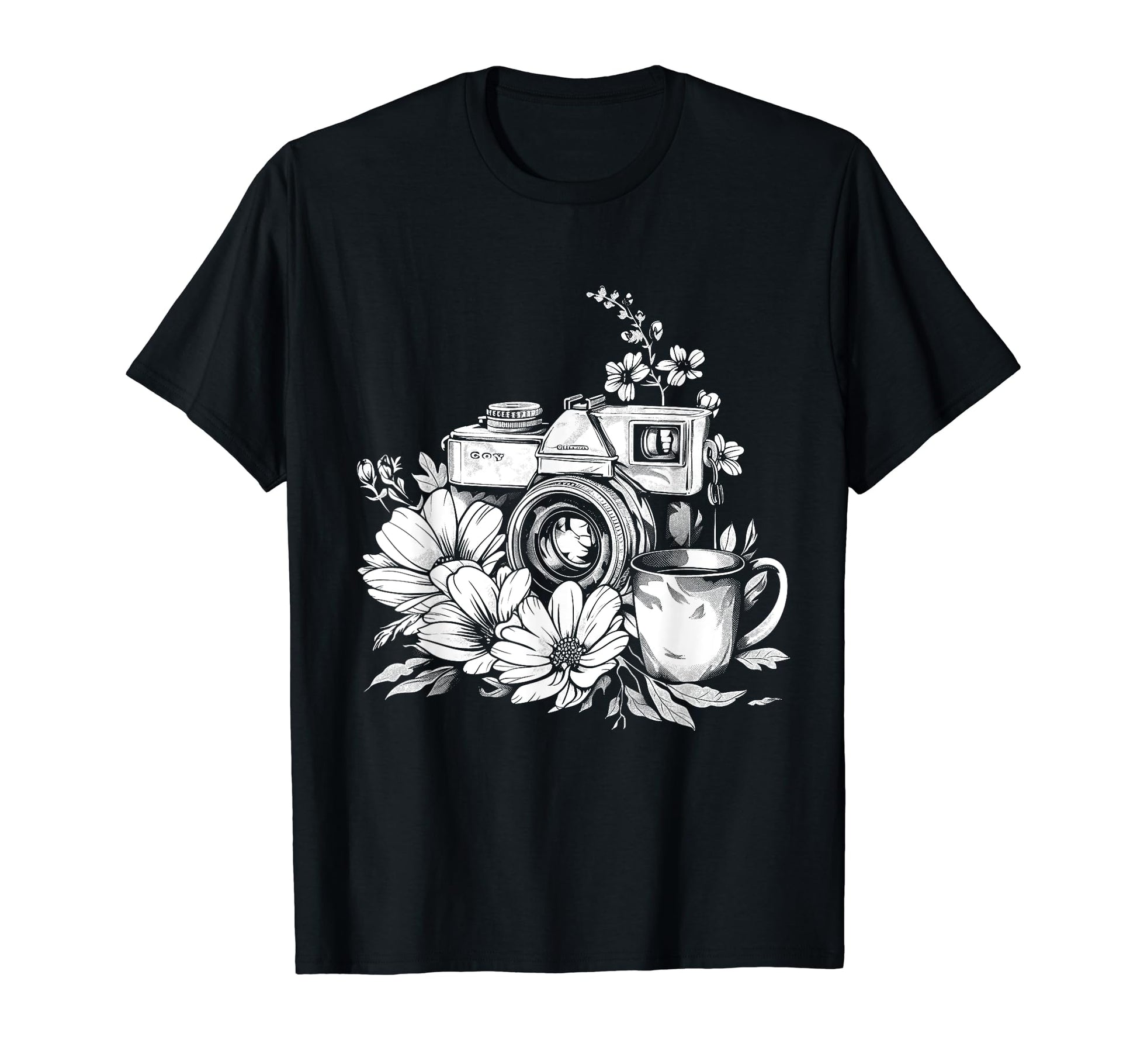 Photographer Coffee Camera Flowers T-Shirt - Graphic Print for Adults - T-Shirt, Sweatshirt, Hoodie