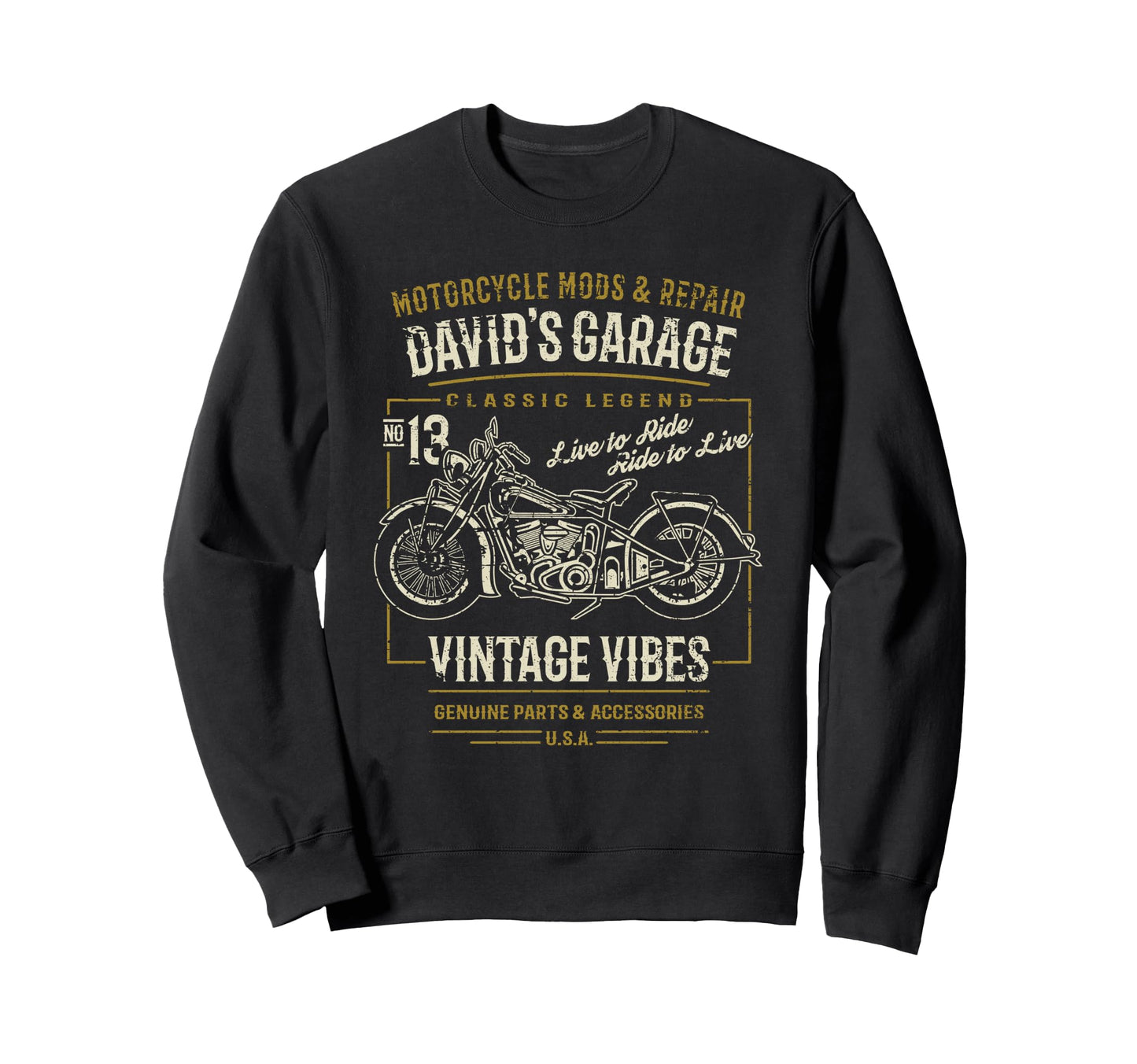 Davids Garage Motorcycle Distressed Sweatshirt - Unique Graphic Men Women - T-Shirt, Sweatshirt, Hoodie