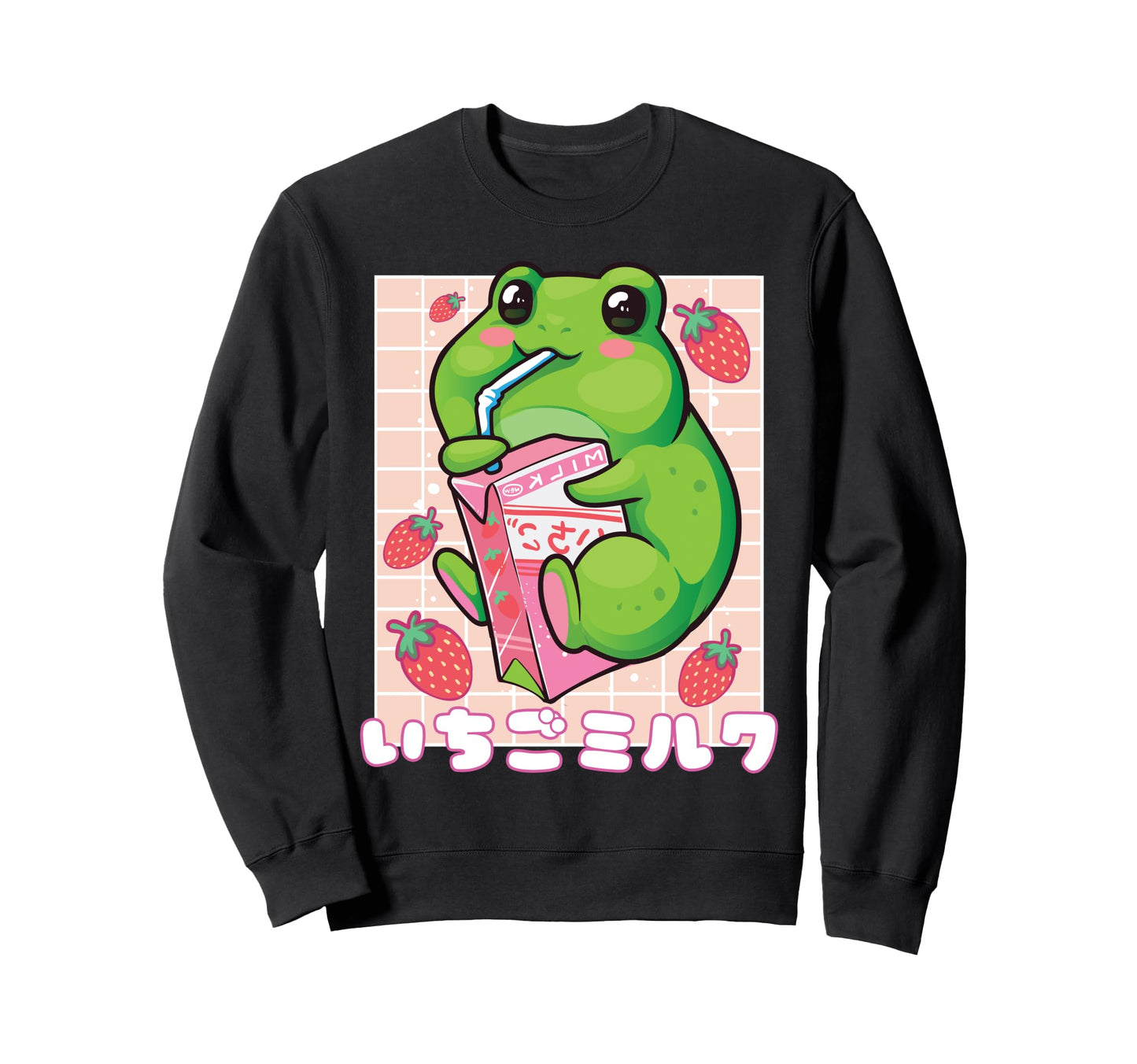 Kawaii Strawberry Milk Frog Aesthetic Sweatshirt - Graphic Print Men Women - T-Shirt, Sweatshirt, Hoodie