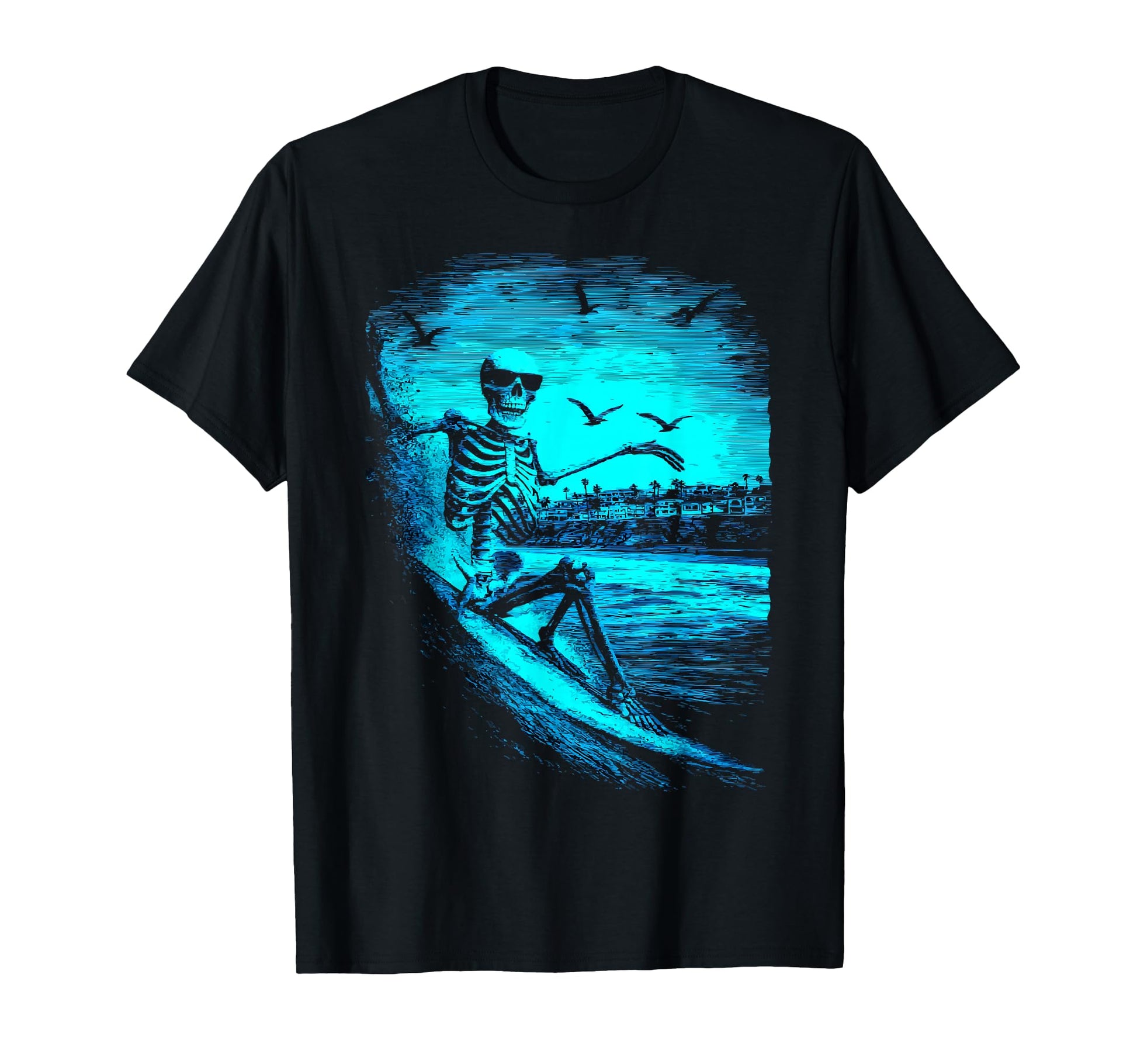 Surfing Skeleton Surfer Riding Wave Sunset T-Shirt - Unique Graphic Unisex - T-Shirt, Sweatshirt, Hoodie