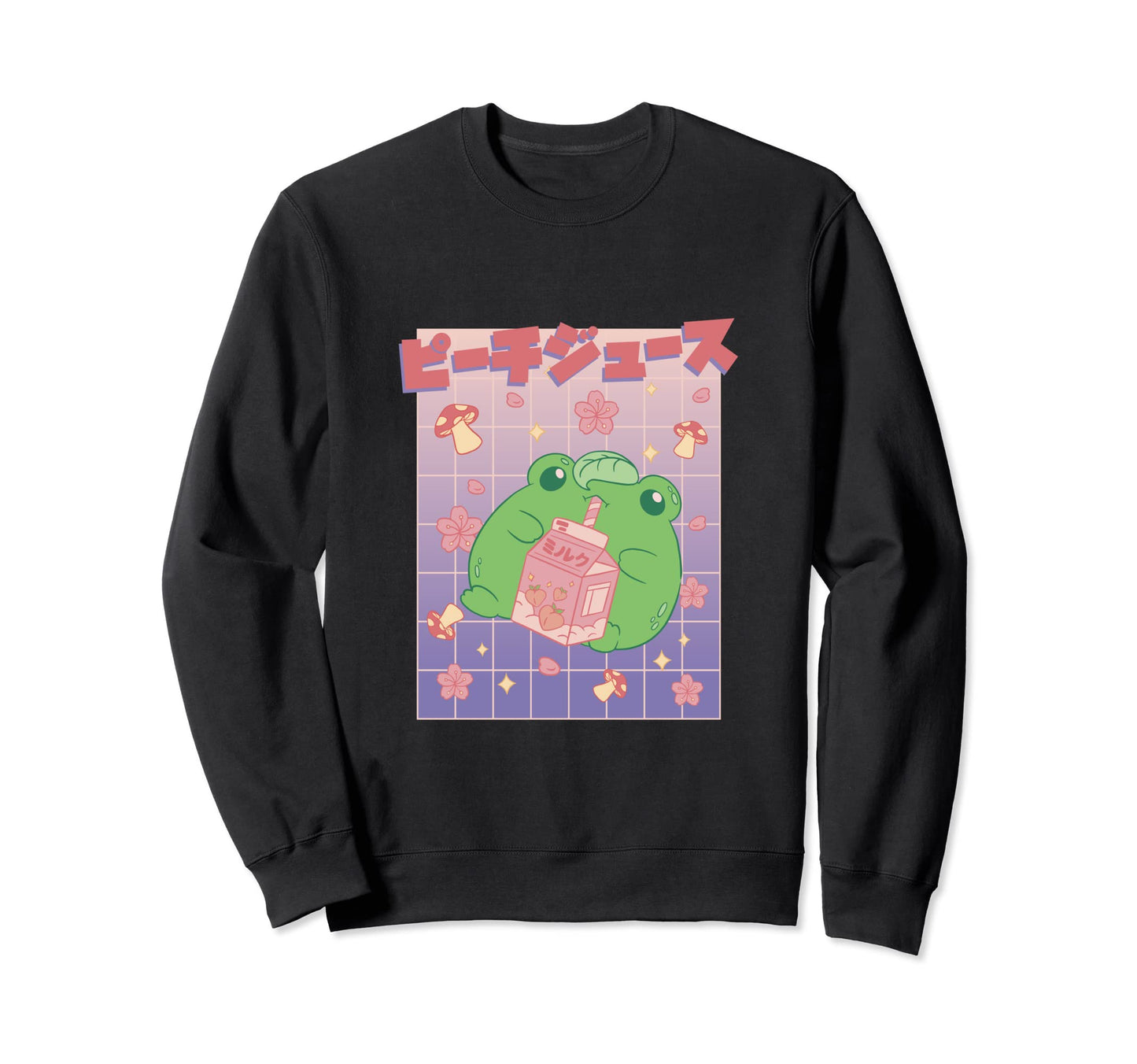 Aesthetic Vaporwave Frog Drinking Peach Sweatshirt - Unique Graphic Unisex - T-Shirt, Sweatshirt, Hoodie