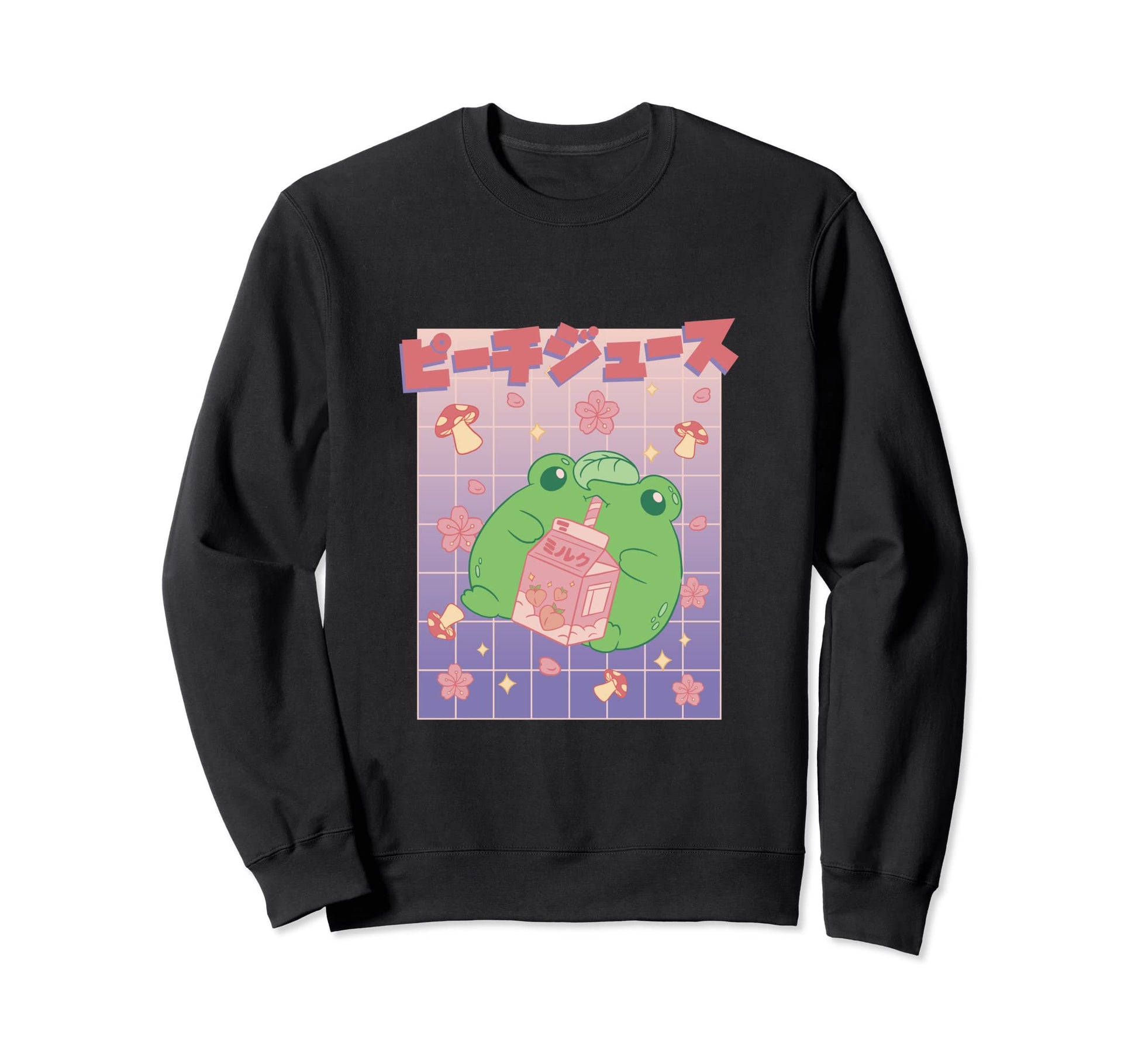 Aesthetic Vaporwave Frog Drinking Peach Sweatshirt - Unique Graphic Unisex - T-Shirt, Sweatshirt, Hoodie