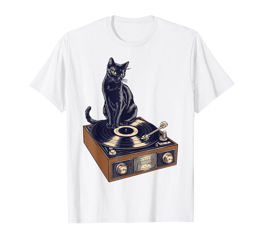 Black Cat Sitting Vinyl Record T-Shirt - Casual Everyday Wear Men Women - T-Shirt, Sweatshirt, Hoodie