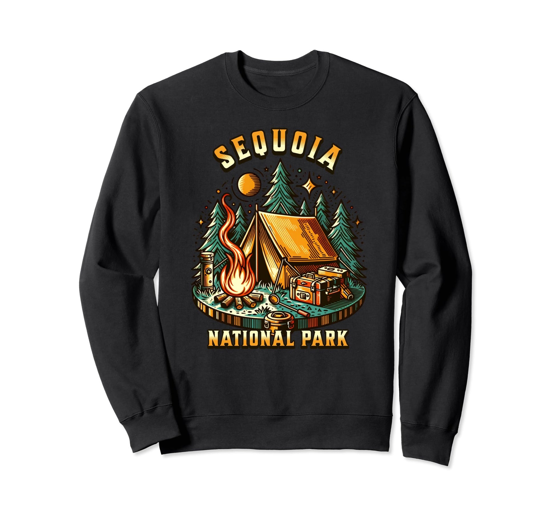Camping Forest Tent Campfire Sequoia Sweatshirt - Trendy Graphic Unisex - T-Shirt, Sweatshirt, Hoodie