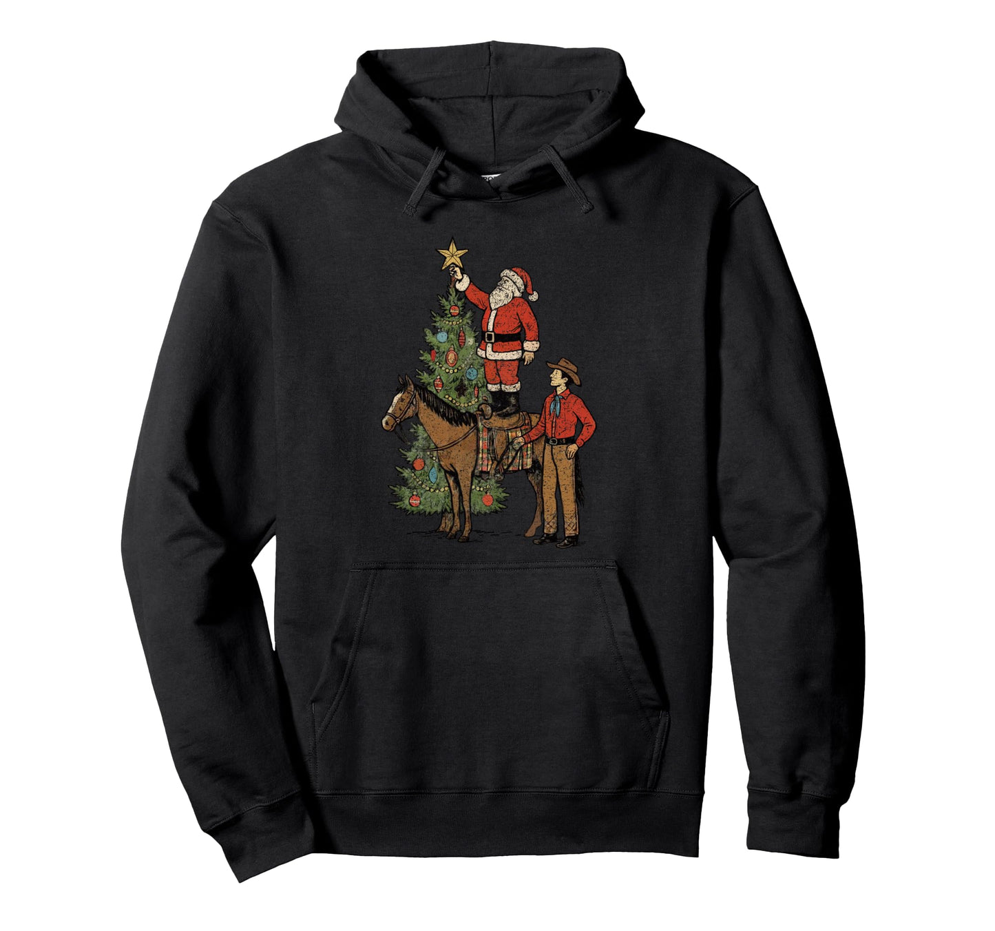 Funny Rodeo Cowboy Santa Decorating Tree Hoodie - Graphic Print Unisex - T-Shirt, Sweatshirt, Hoodie