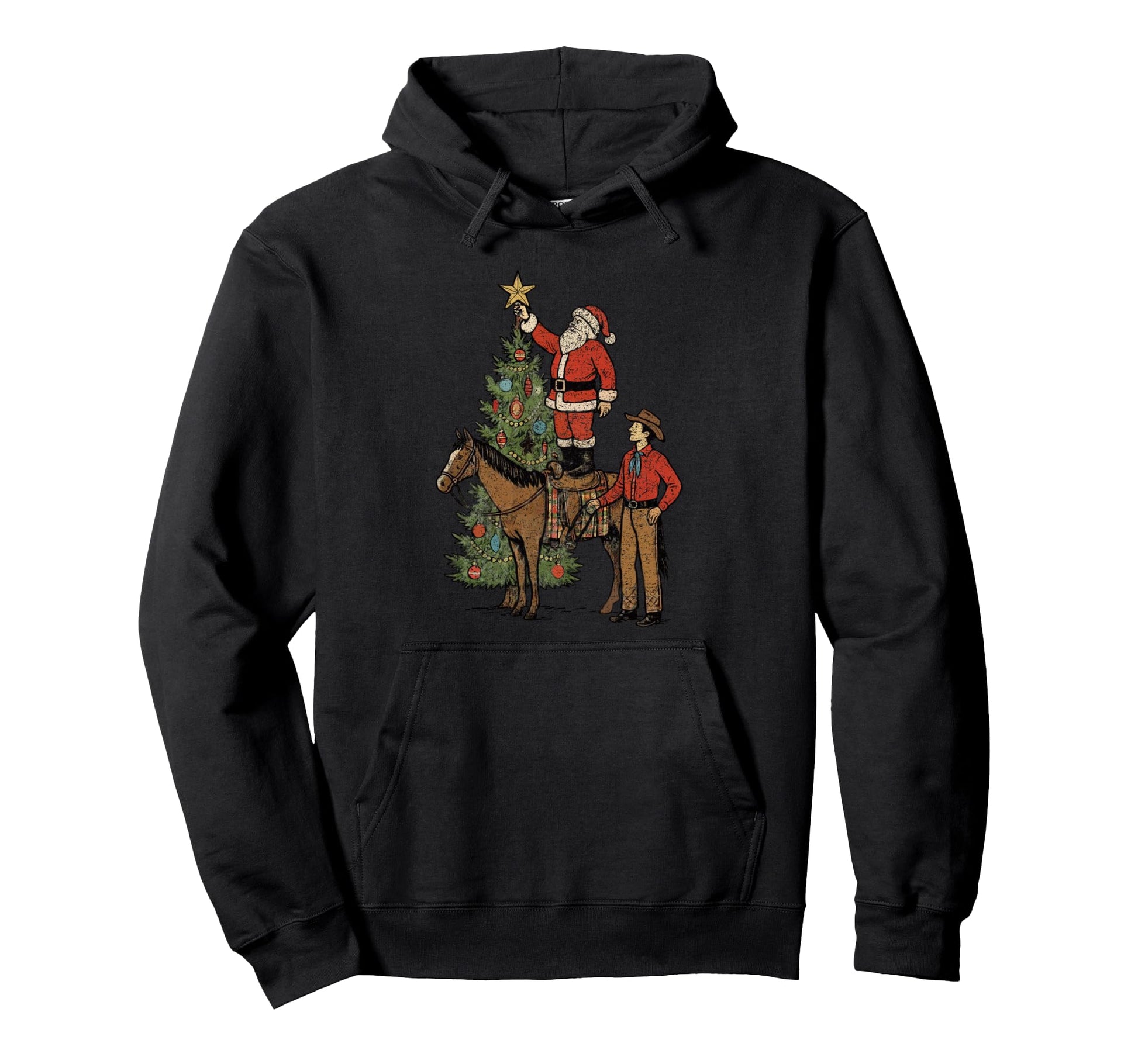 Funny Rodeo Cowboy Santa Decorating Tree Hoodie - Graphic Print Unisex - T-Shirt, Sweatshirt, Hoodie