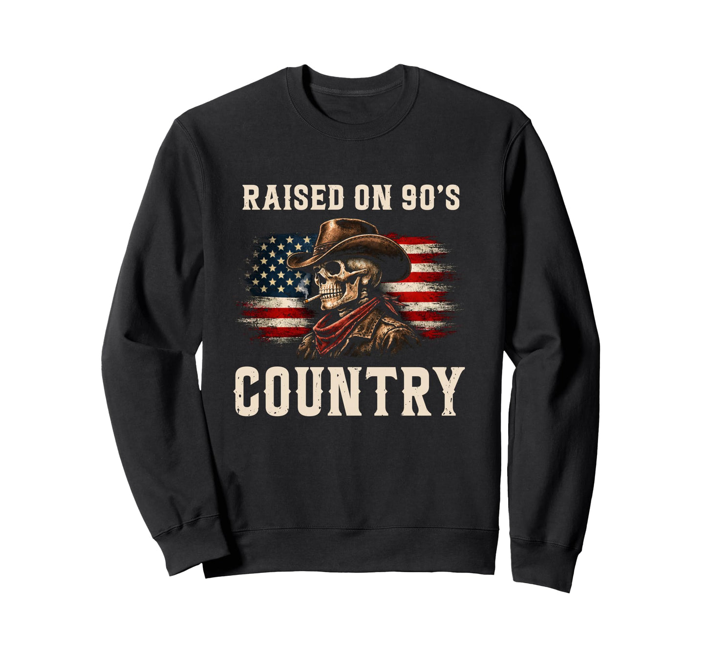 Raised 90S Country Cowboy Skull Sweatshirt - Minimalist Print for Adults - T-Shirt, Sweatshirt, Hoodie