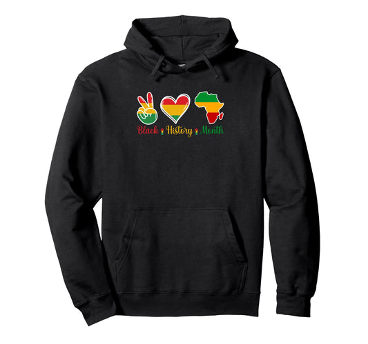 Black History Month Peace Love Africa Hoodie - Graphic Print for Adults - T-Shirt, Sweatshirt, Hoodie