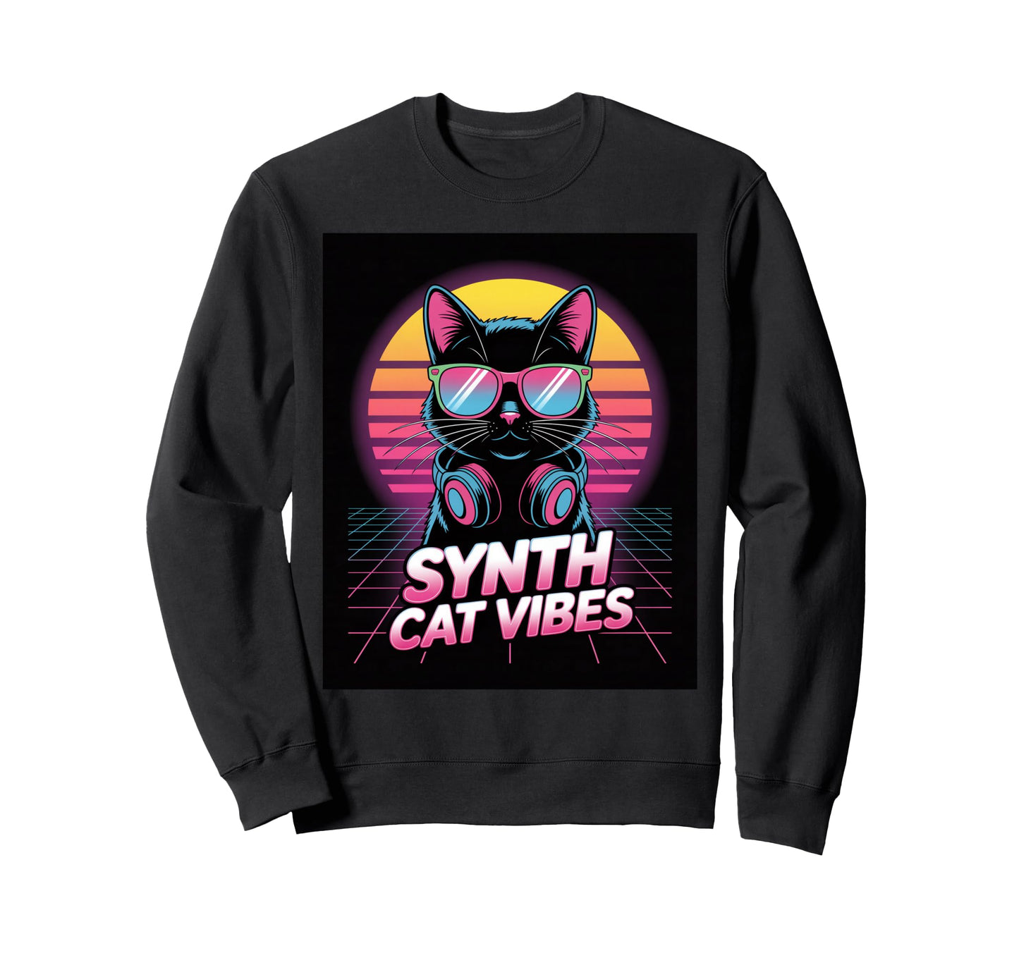 Synth Cat Vibes Synthwave Sweatshirt - Casual Everyday Wear Men Women - T-Shirt, Sweatshirt, Hoodie