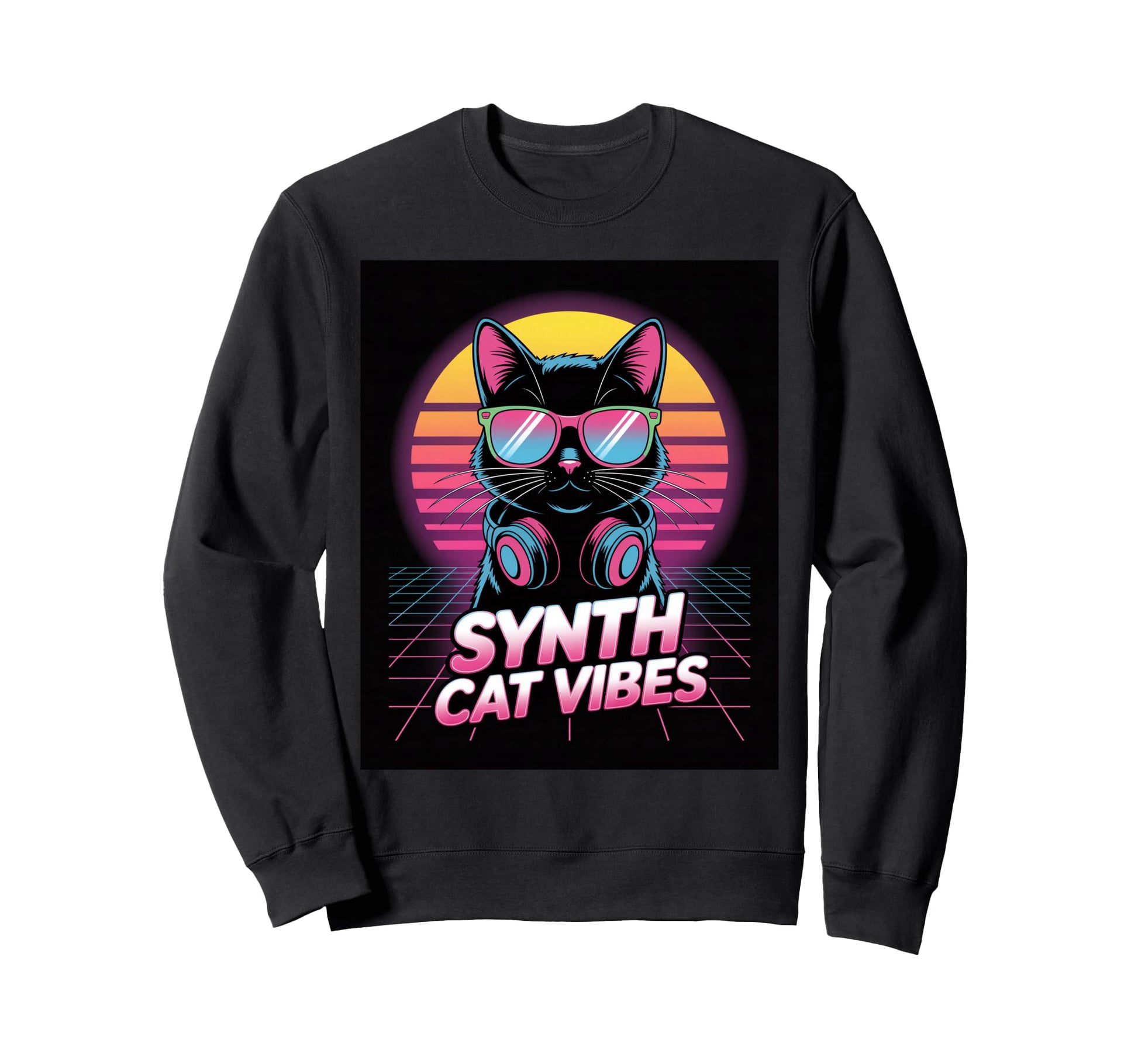 Synth Cat Vibes Synthwave Sweatshirt - Casual Everyday Wear Men Women - T-Shirt, Sweatshirt, Hoodie