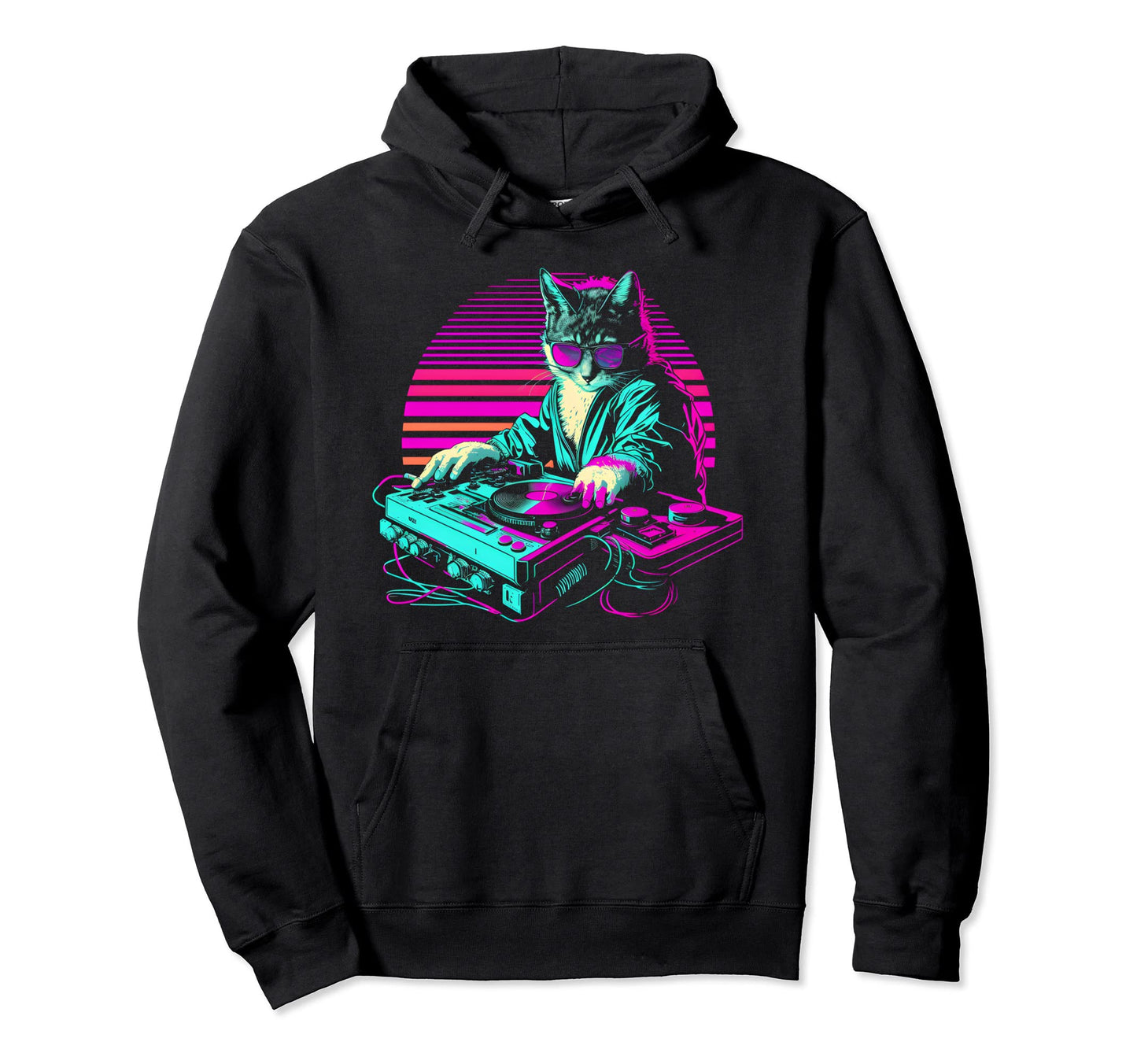 House Dj Cat 80S 90S Kitten Sunset Hoodie - Novelty Apparel for Adults - T-Shirt, Sweatshirt, Hoodie