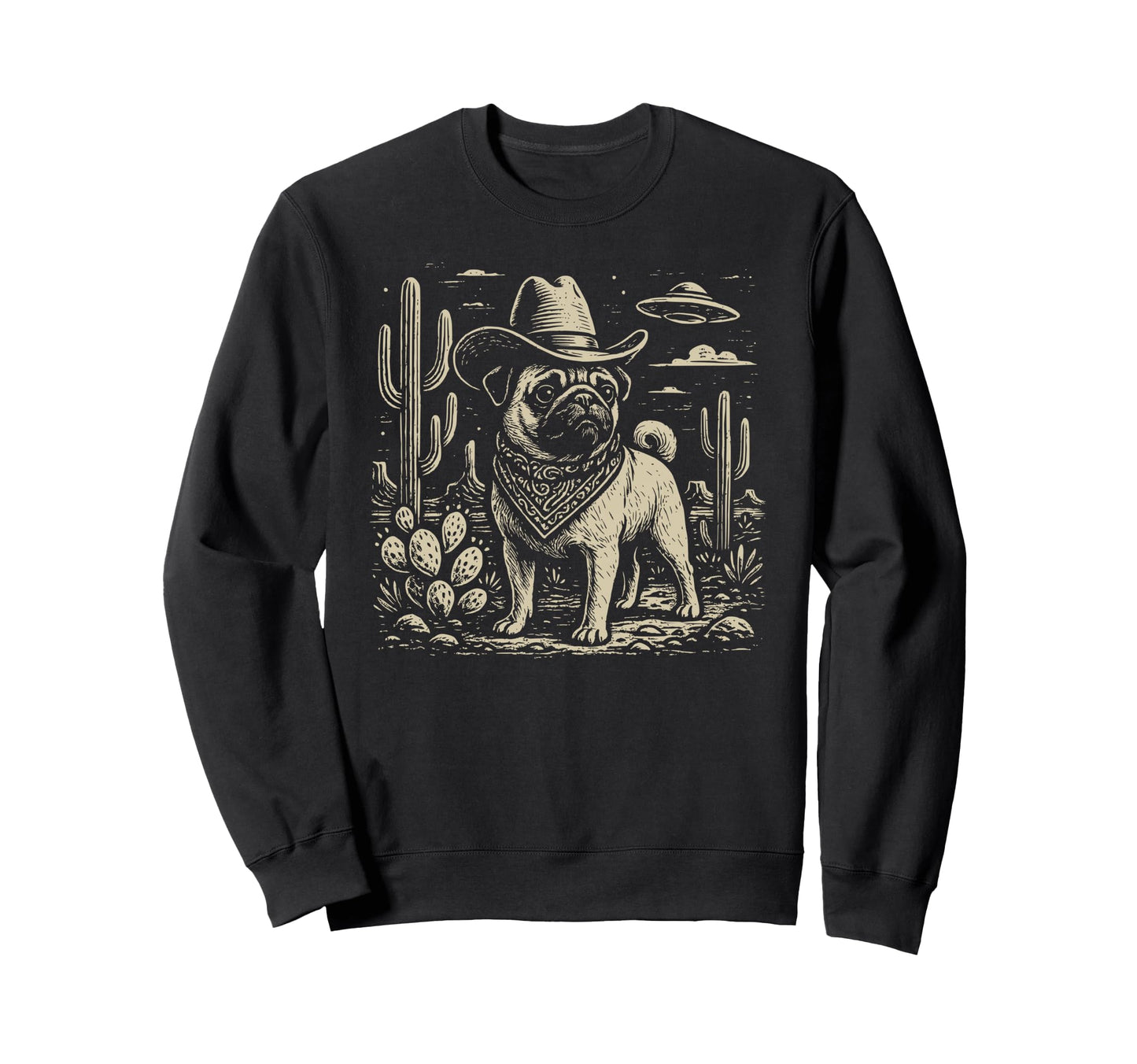 Western Pug Cowboy Ufo Dog Sweatshirt - Trendy Graphic Unisex - T-Shirt, Sweatshirt, Hoodie