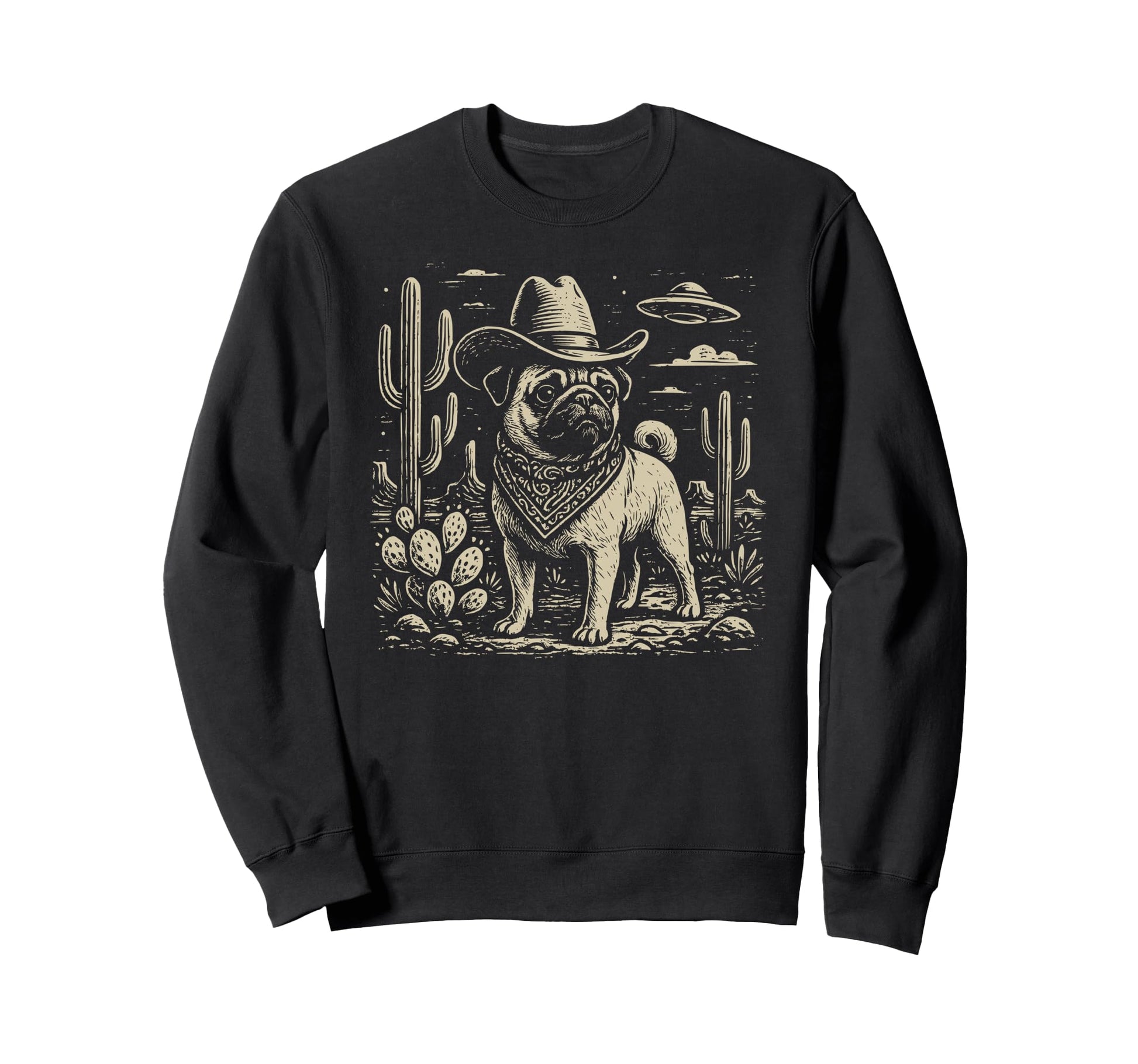 Western Pug Cowboy Ufo Dog Sweatshirt - Trendy Graphic Unisex - T-Shirt, Sweatshirt, Hoodie