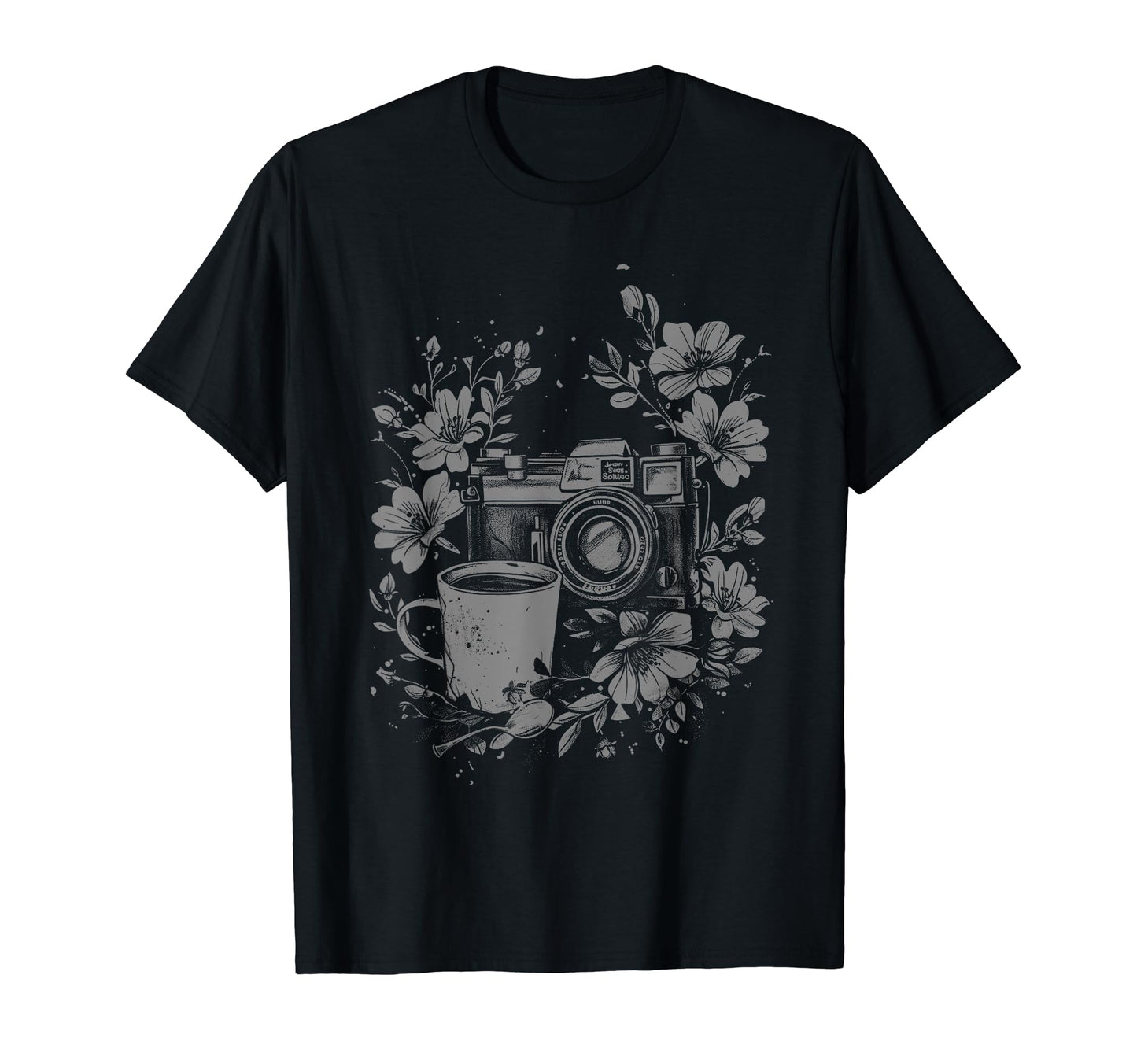 Photographer Coffee Camera Flowers T-Shirt - Custom Art Print for Adults - T-Shirt, Sweatshirt, Hoodie