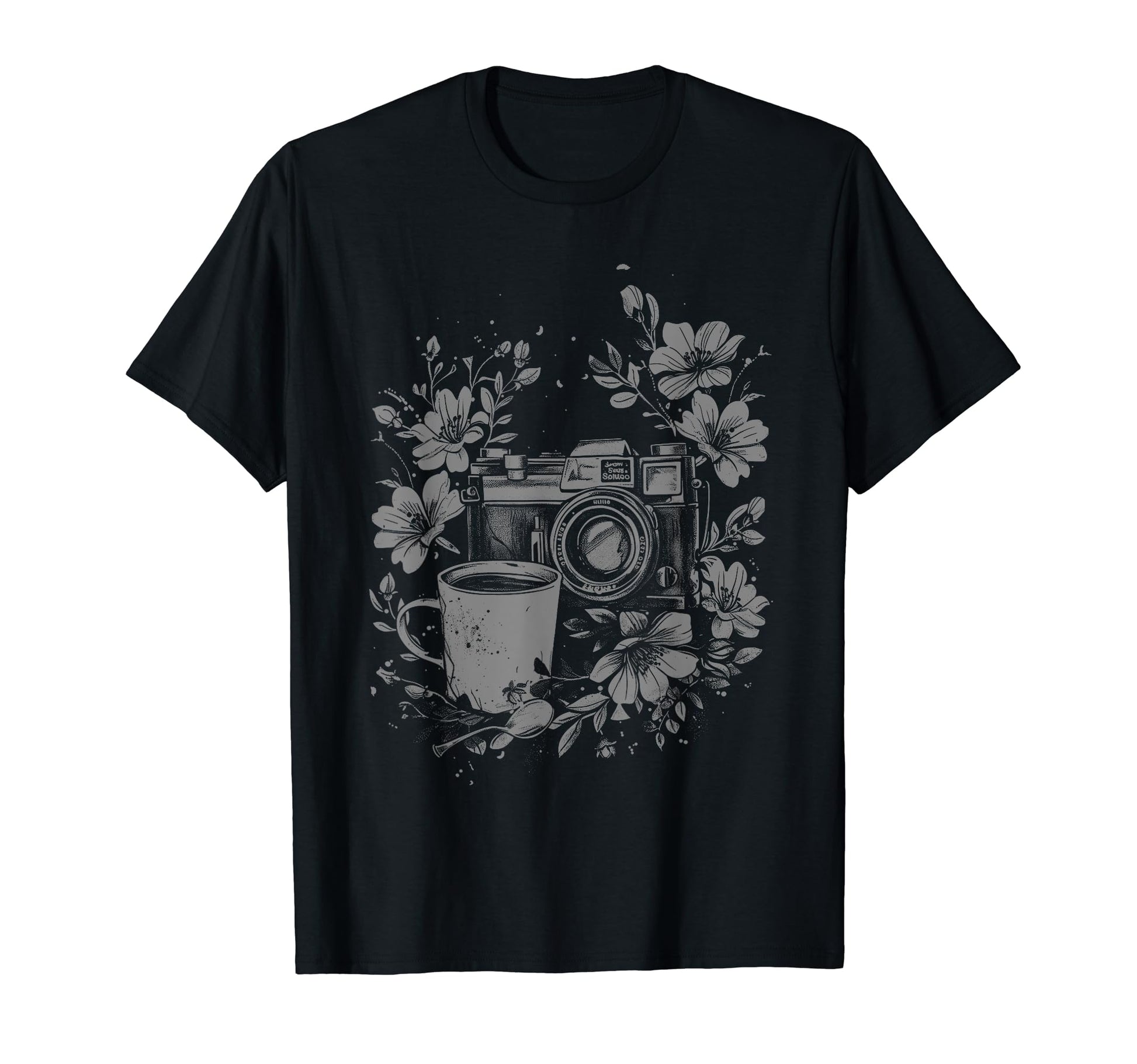 Photographer Coffee Camera Flowers T-Shirt - Custom Art Print for Adults - T-Shirt, Sweatshirt, Hoodie
