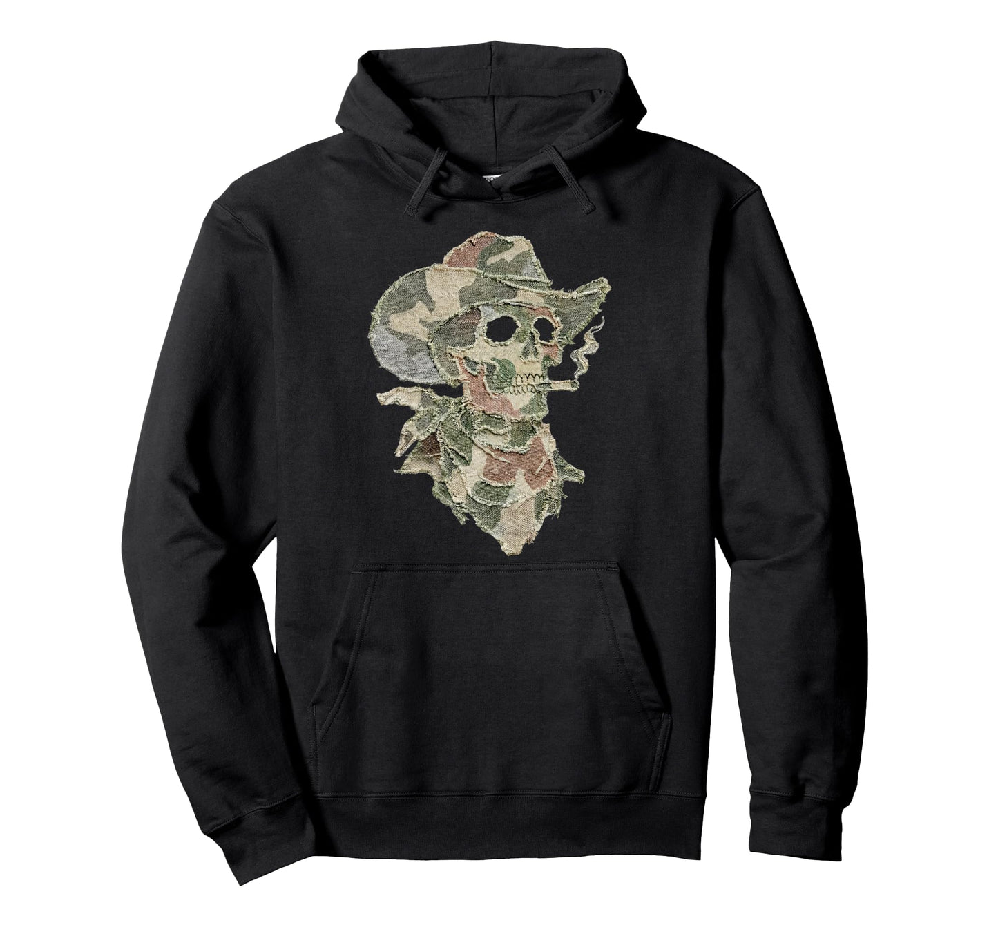 Camo Patchwork Western Cowboy Skeleton Hoodie - Graphic Print Men Women - T-Shirt, Sweatshirt, Hoodie