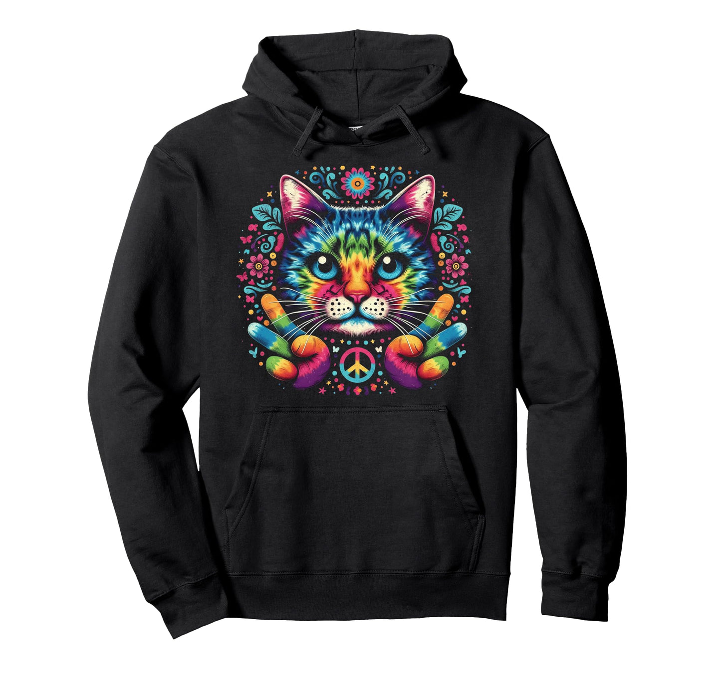 Love And Peace Colorful Cat Hoodie - Minimalist Print for Adults - T-Shirt, Sweatshirt, Hoodie