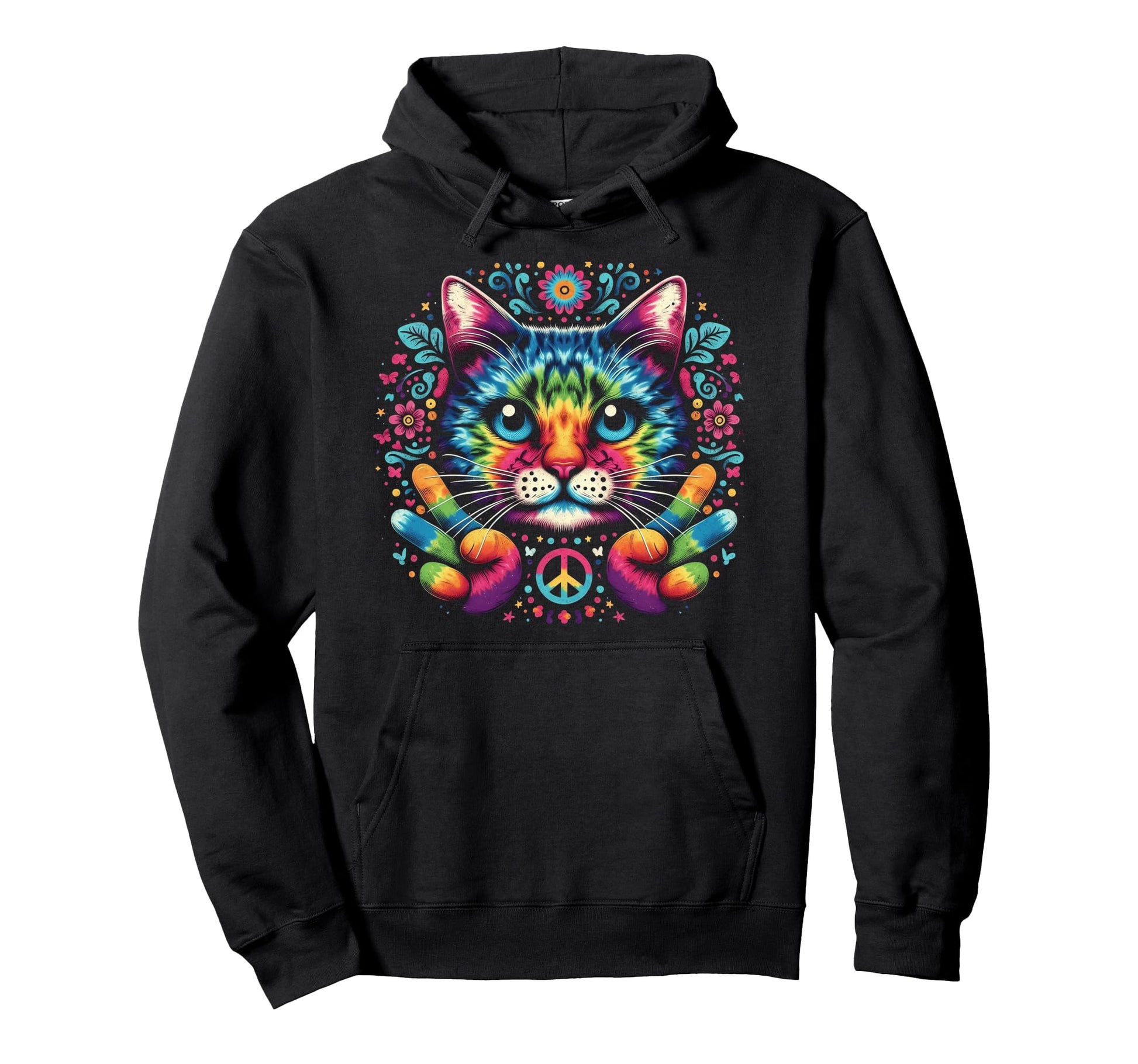 Love And Peace Colorful Cat Hoodie - Minimalist Print for Adults - T-Shirt, Sweatshirt, Hoodie