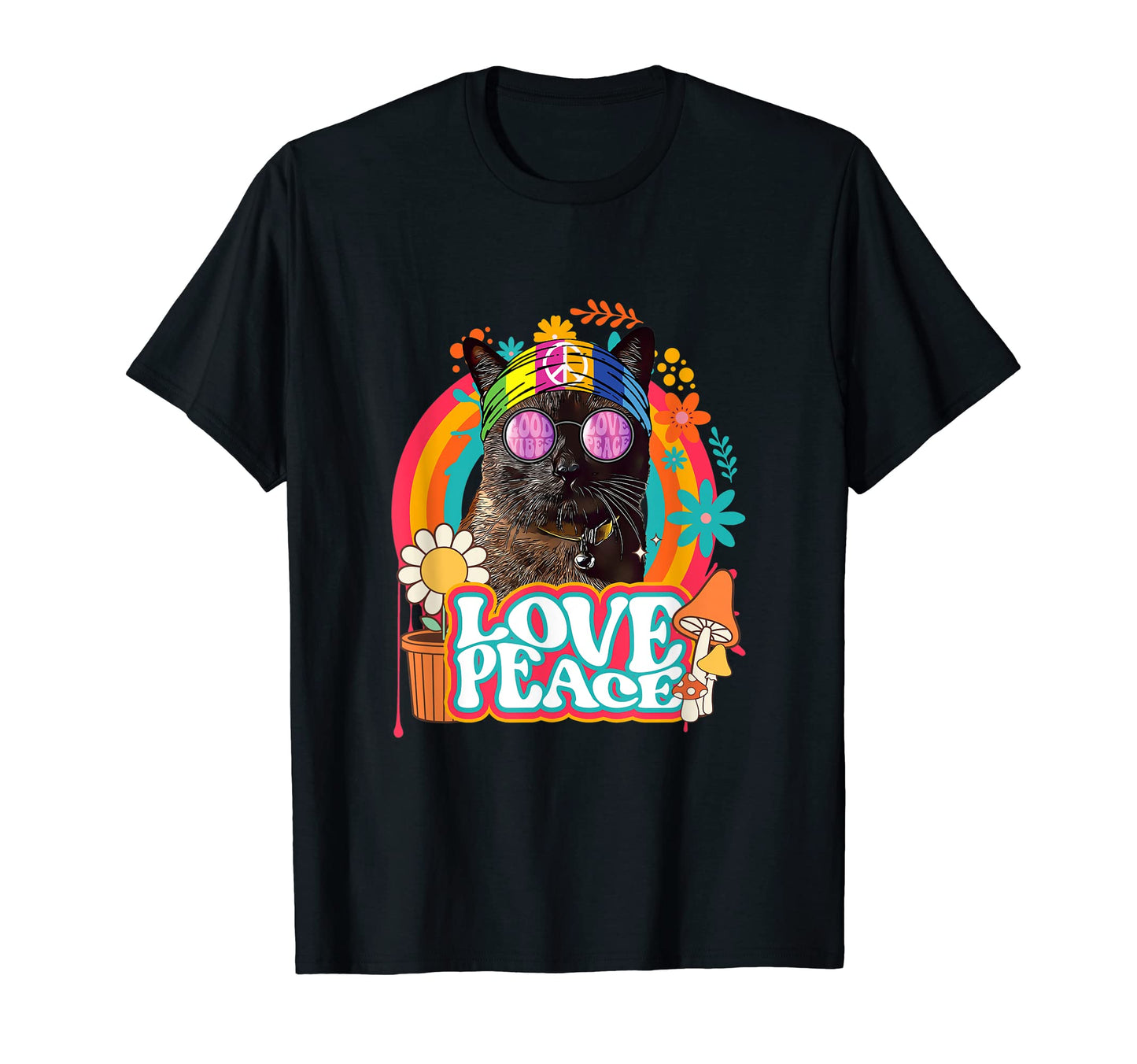Hippie Cat Rainbow 60S 70S Peace Sign Love T-Shirt - Unique Graphic Unisex - T-Shirt, Sweatshirt, Hoodie