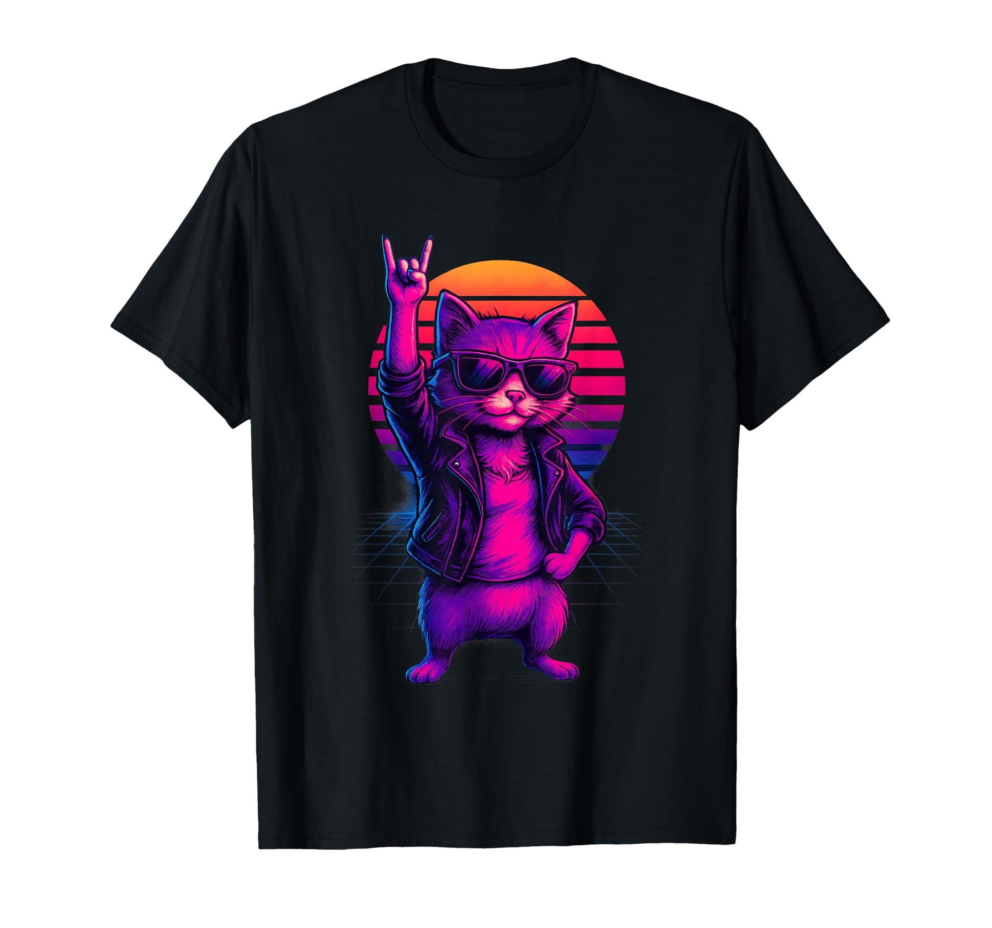 Synthwave Tomcat Cat 80S Rock Sunset T-Shirt - Streetwear Style for Adults - T-Shirt, Sweatshirt, Hoodie