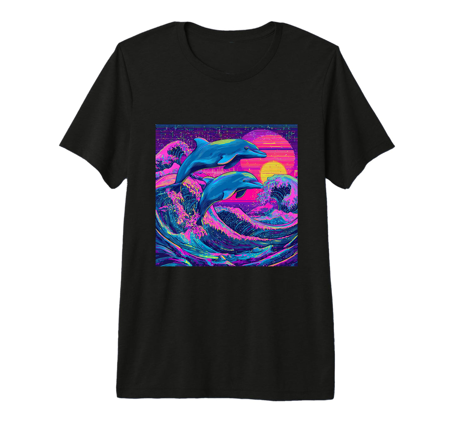Dolphin Synthwave Ocean Waves 80S T-Shirt - Casual Everyday Wear Men Women - T-Shirt, Sweatshirt, Hoodie