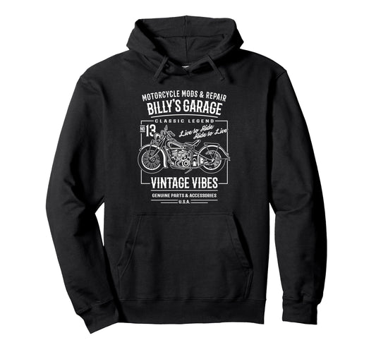 Billys Garage Motorcycle Name Billy Hoodie - Novelty Apparel for Adults - T-Shirt, Sweatshirt, Hoodie